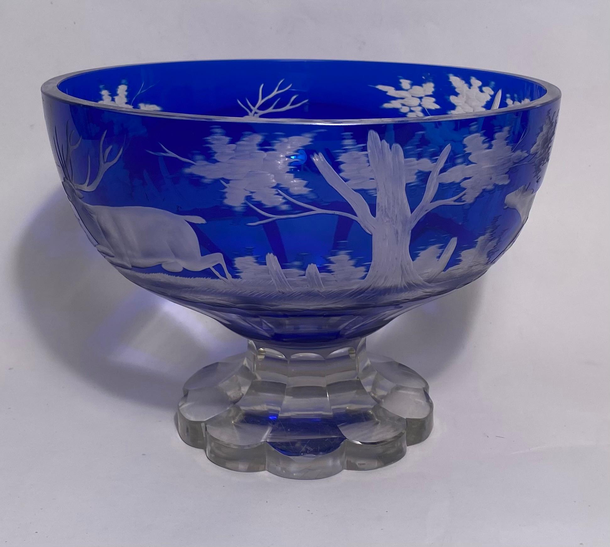 19th Century Cobalt Blue Crystal Centerpiece, Stag, Deer & Scenic Surround For Sale 2