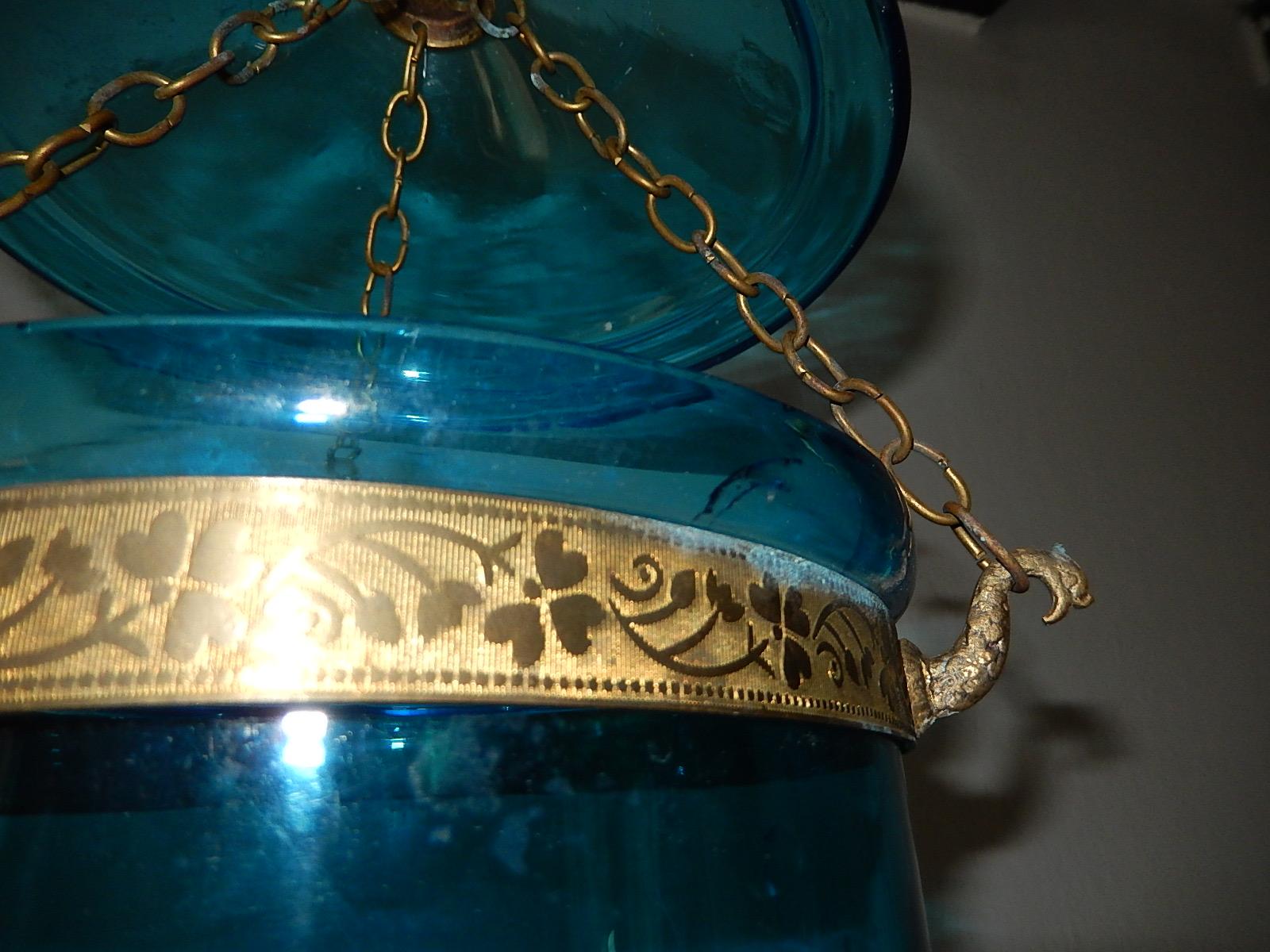 British Colonial 19th Century Cobalt Blue English Bell Jar Lantern Chandelier 1 of 2