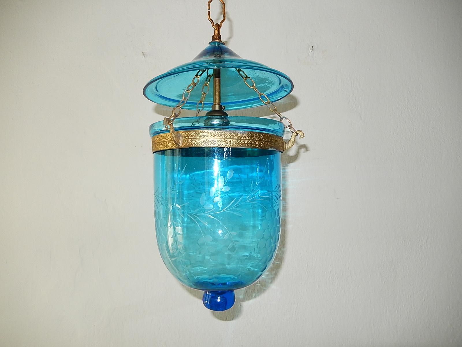 Rare cobalt color. Made for candles, but wired with one big socket. Bronze details. The bell alone measures 9.5 inches. The top alone measures 4 inches. So with the small chains in-between it measures 15 inches. Original chain also intact measuring