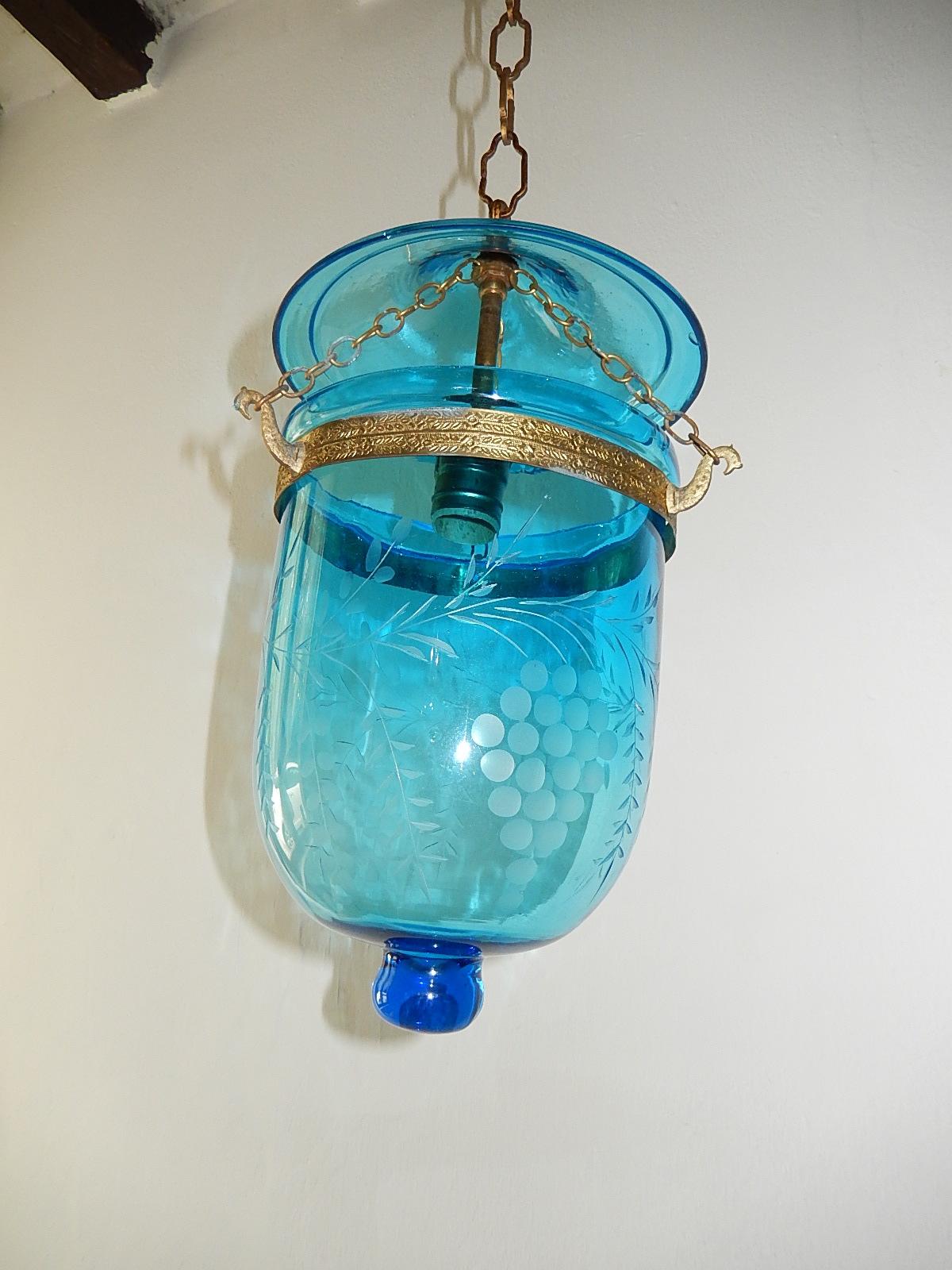 British Colonial 19th Century Cobalt Blue English Bell Jar Lantern Chandelier