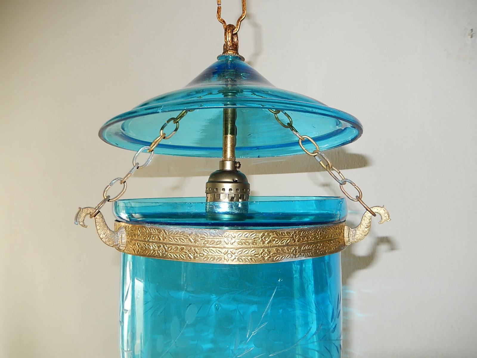 Bronze 19th Century Cobalt Blue English Bell Jar Lantern Chandelier