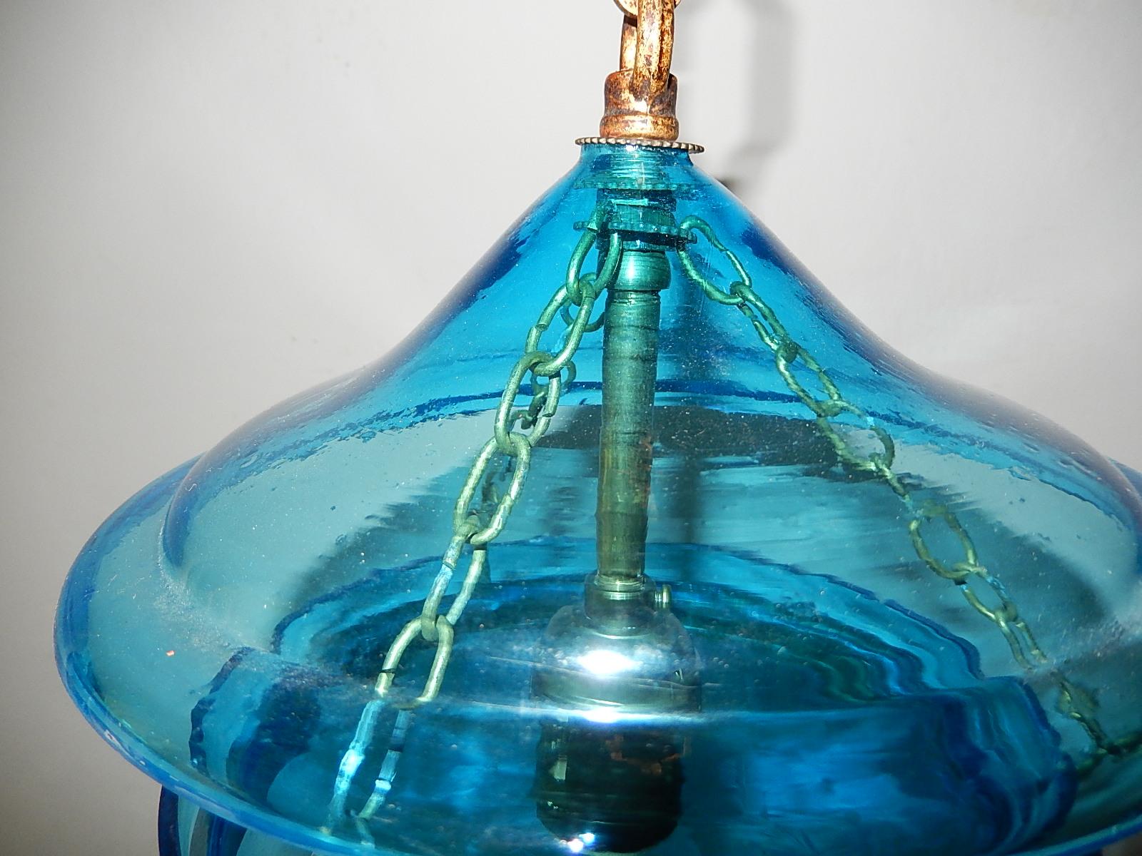 19th Century Cobalt Blue English Bell Jar Lantern Chandelier 4