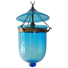 Antique 19th Century Cobalt Blue English Bell Jar Lantern Chandelier