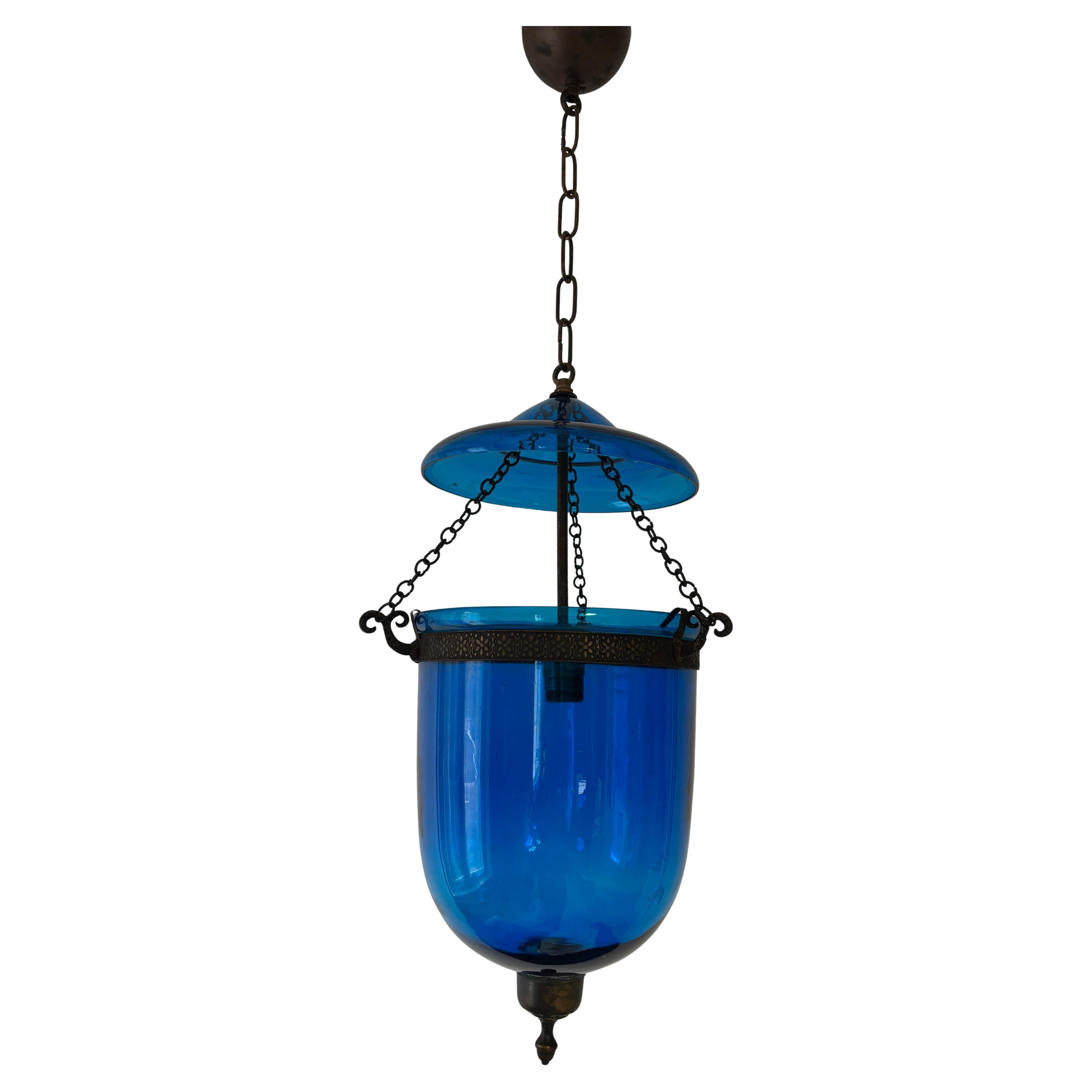 19th Century Cobalt Blue English Bell Jar Lantern Chandelier