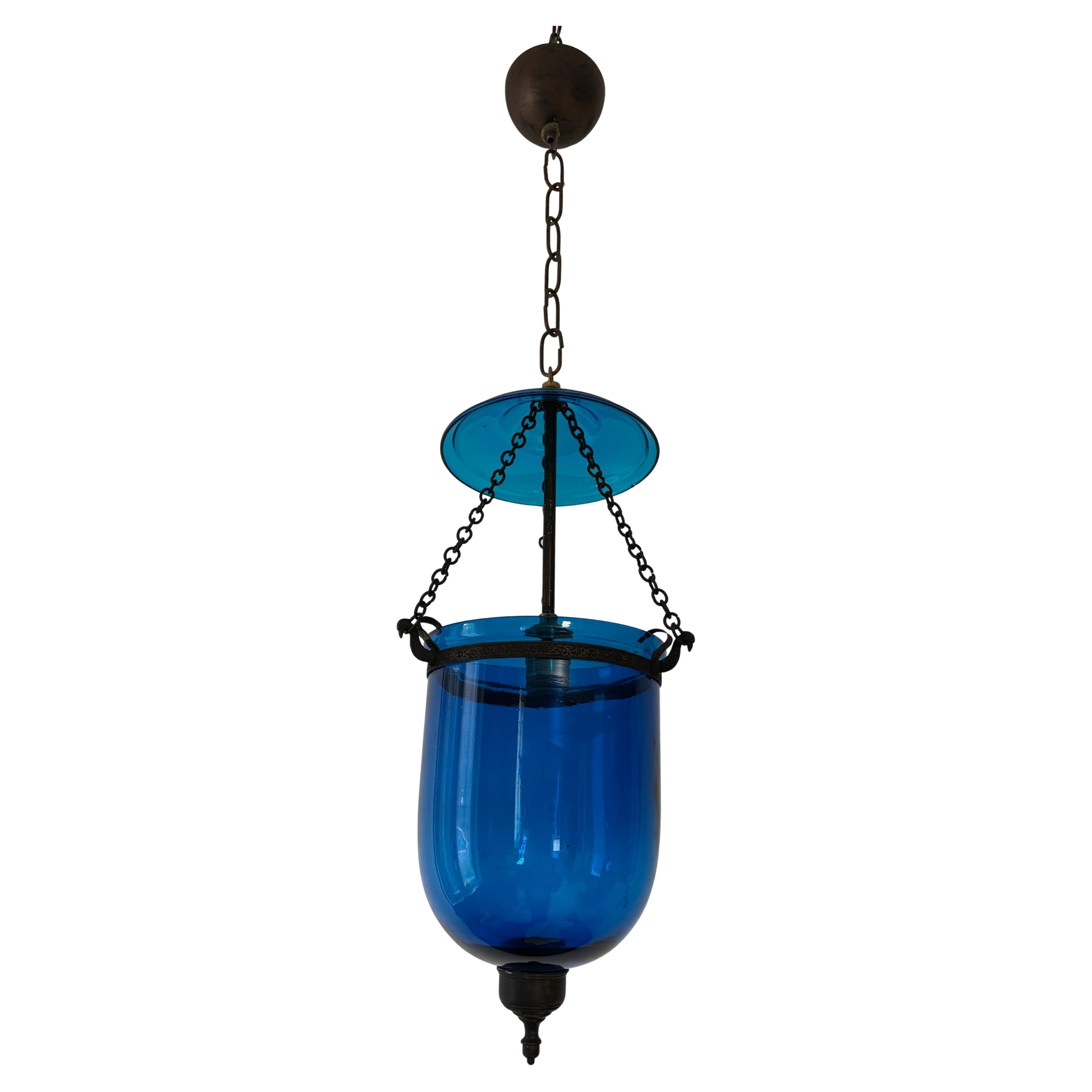 19th Century Cobalt Blue English Bell Jar Lantern Chandelier