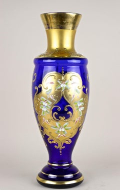 19th Century Cobalt Blue Gilt Glass Vase With Enamel Paintings, CZ ca. 1890