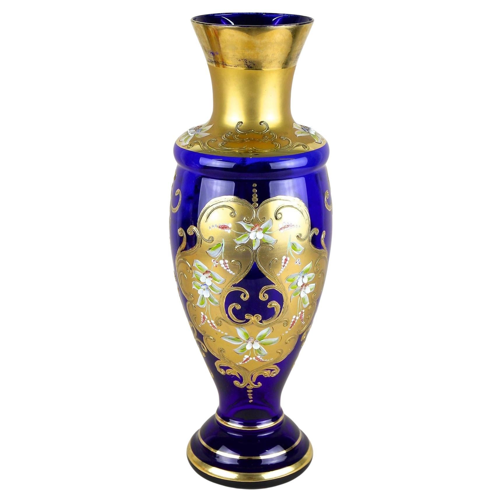 19th Century Cobalt Blue Gilt Glass Vase With Enamel Paintings, CZ ca. 1890
