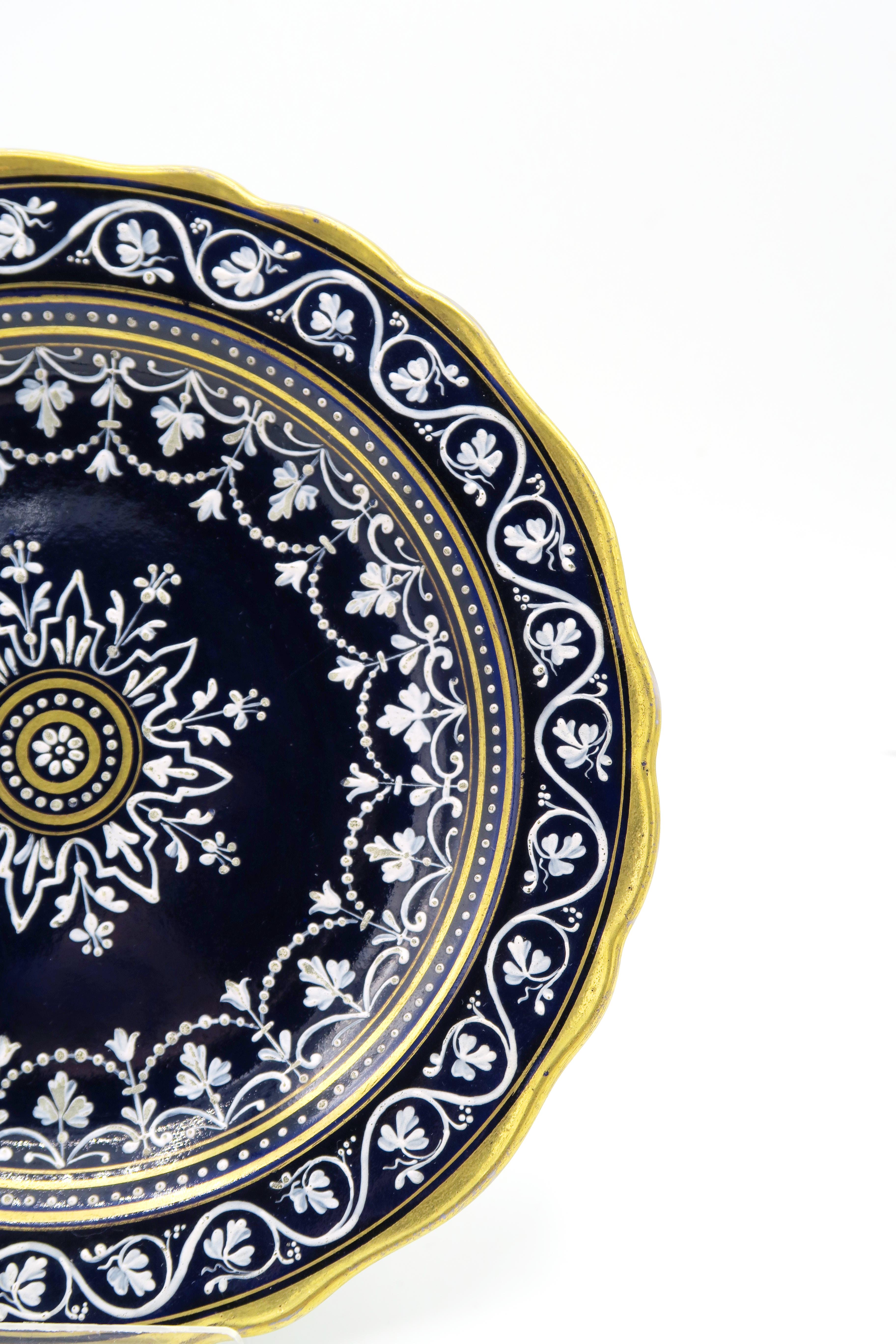 German 19th Century Cobalt Blue Meissen Praline Plate with Limoges Painting For Sale