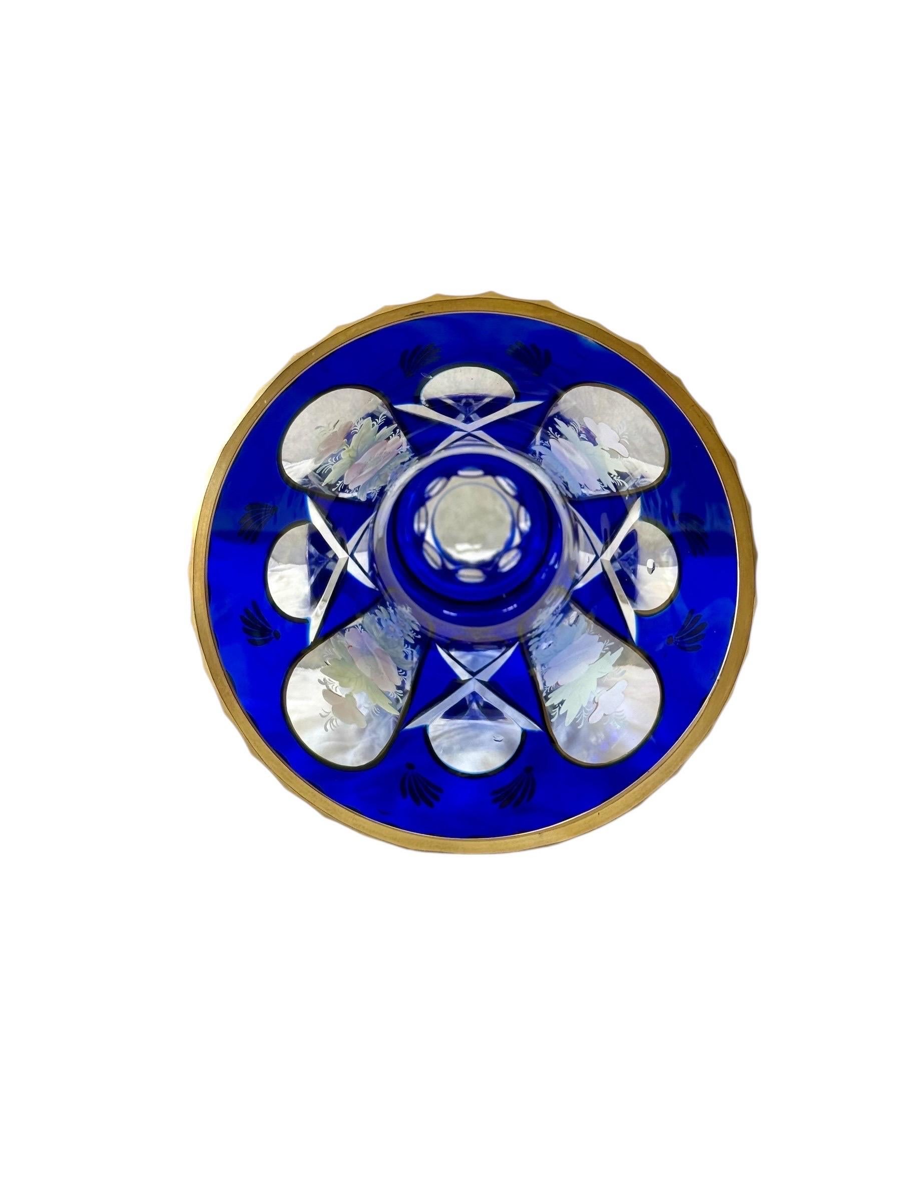 Peint à la main Vase en cristal bleu cobalt avec fleurs en émail du 19e siècle en vente