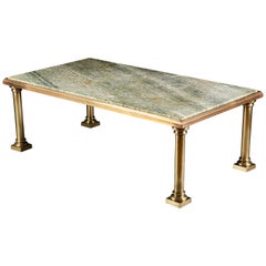 Antique 19th Century Coffee Table with Brass Base and Green Serpentine Marble Top