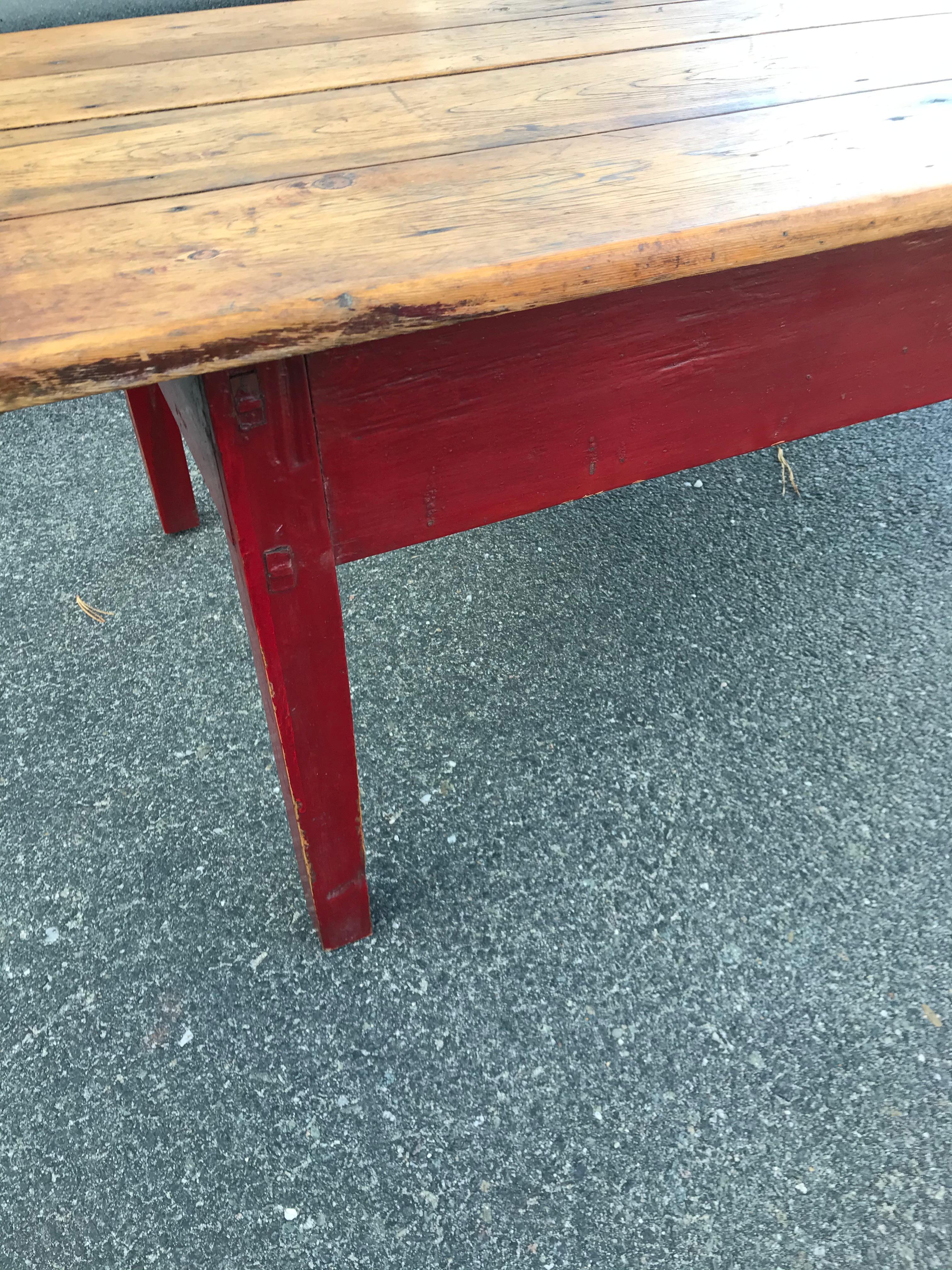 Canadian 19th Century Coffee Table with Natural Top and Original Red Painted Base For Sale