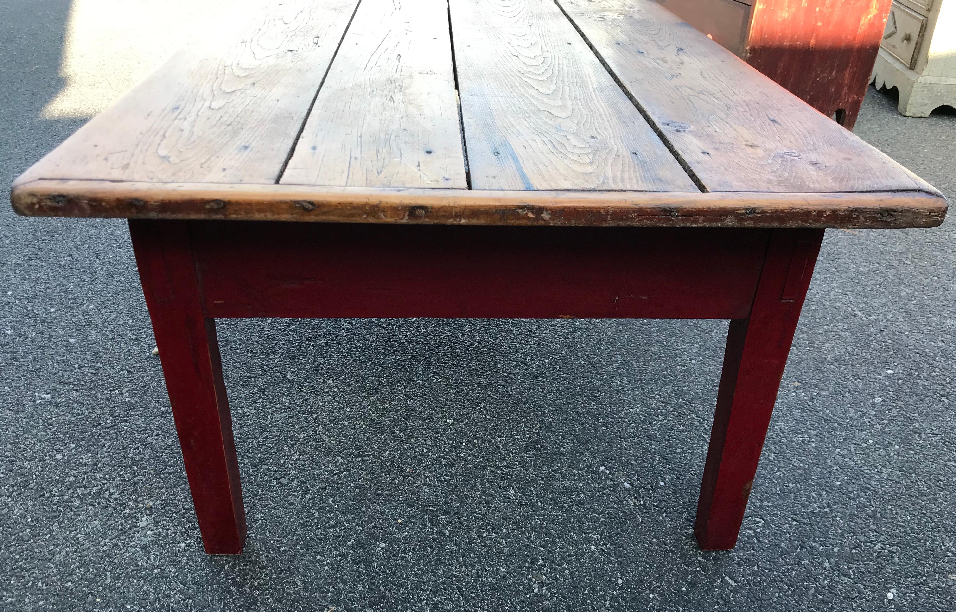 Hand-Crafted 19th Century Coffee Table with Natural Top and Original Red Painted Base For Sale