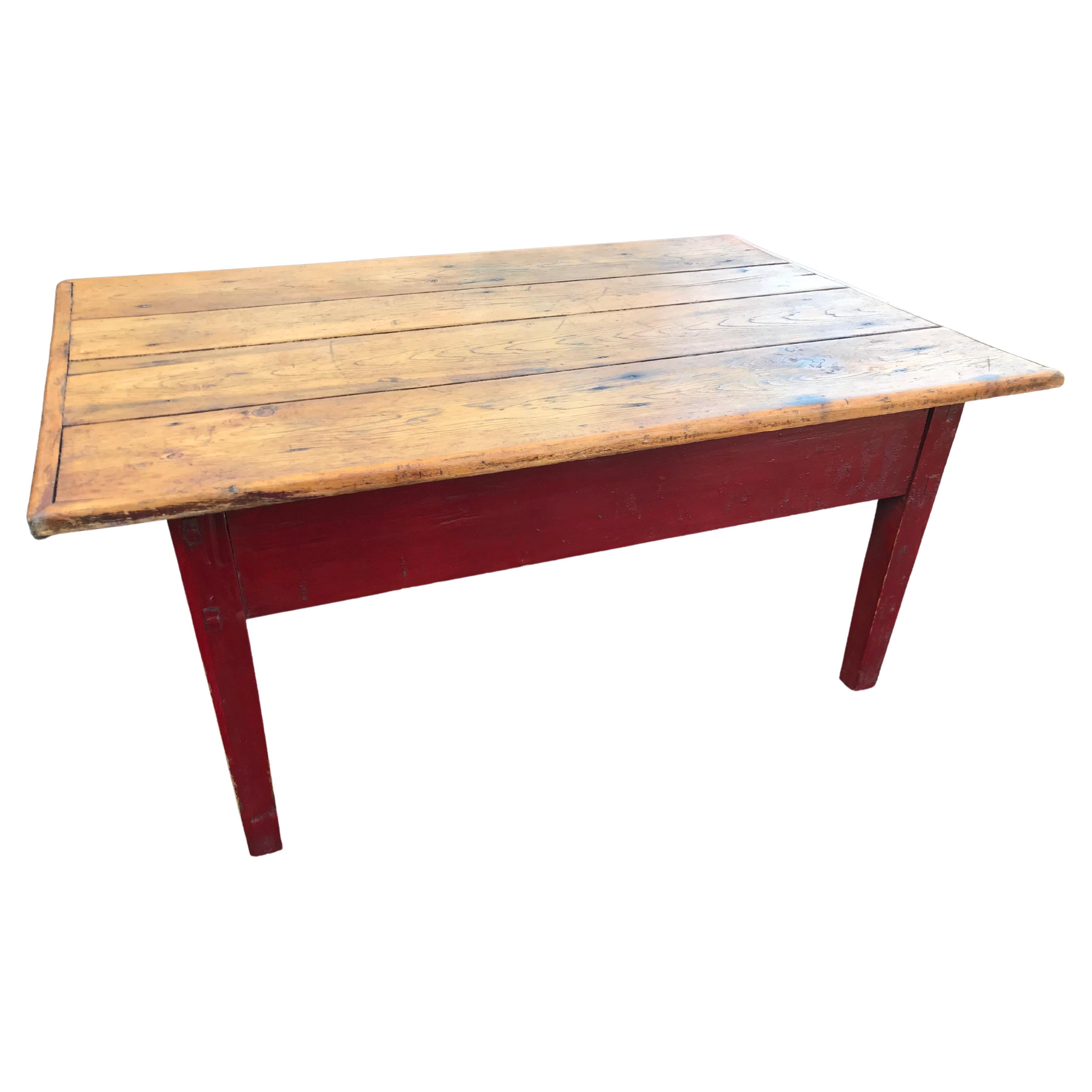 19th Century Coffee Table with Natural Top and Original Red Painted Base For Sale