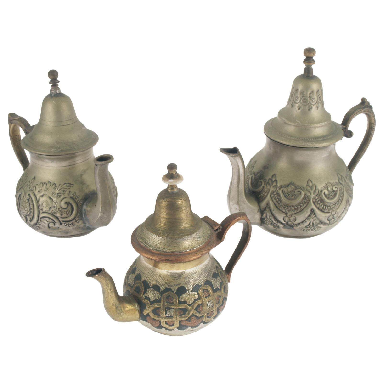 19th Century Collection Antique Arabian Tea Pots Market "Papillon" Thick Brass