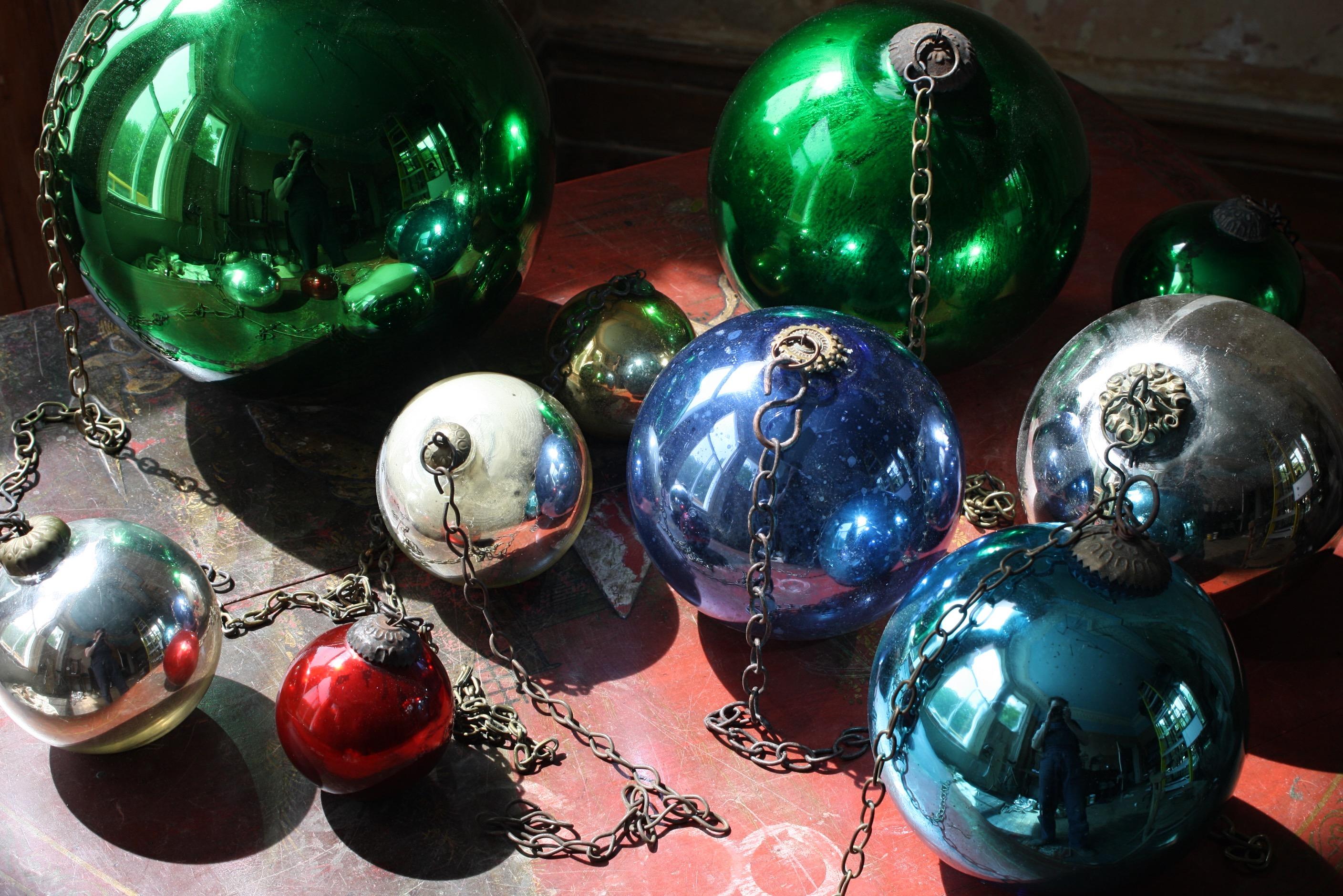 19th Century Collection of 10 Mercury Hand Blown Glass Foxed Witches Balls  1