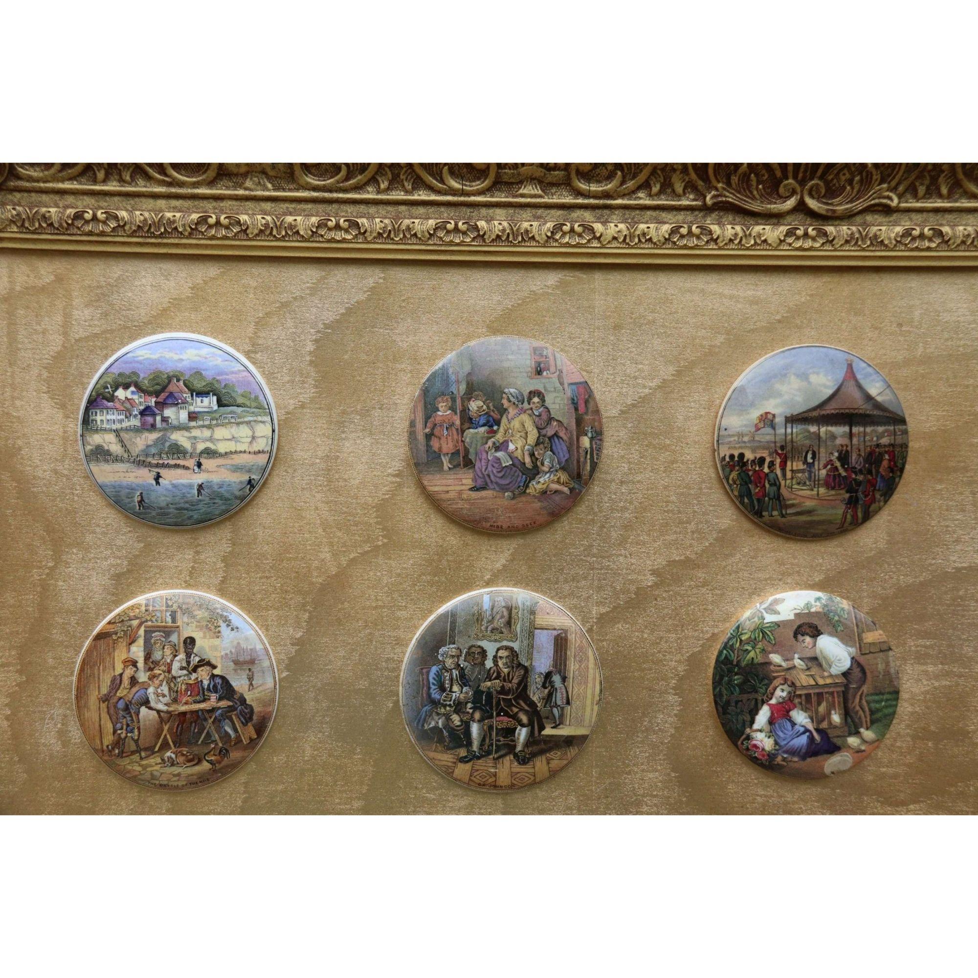 Giltwood 19th Century Collection of Framed Victorian Prattware Pot Lids, circa 1880 For Sale
