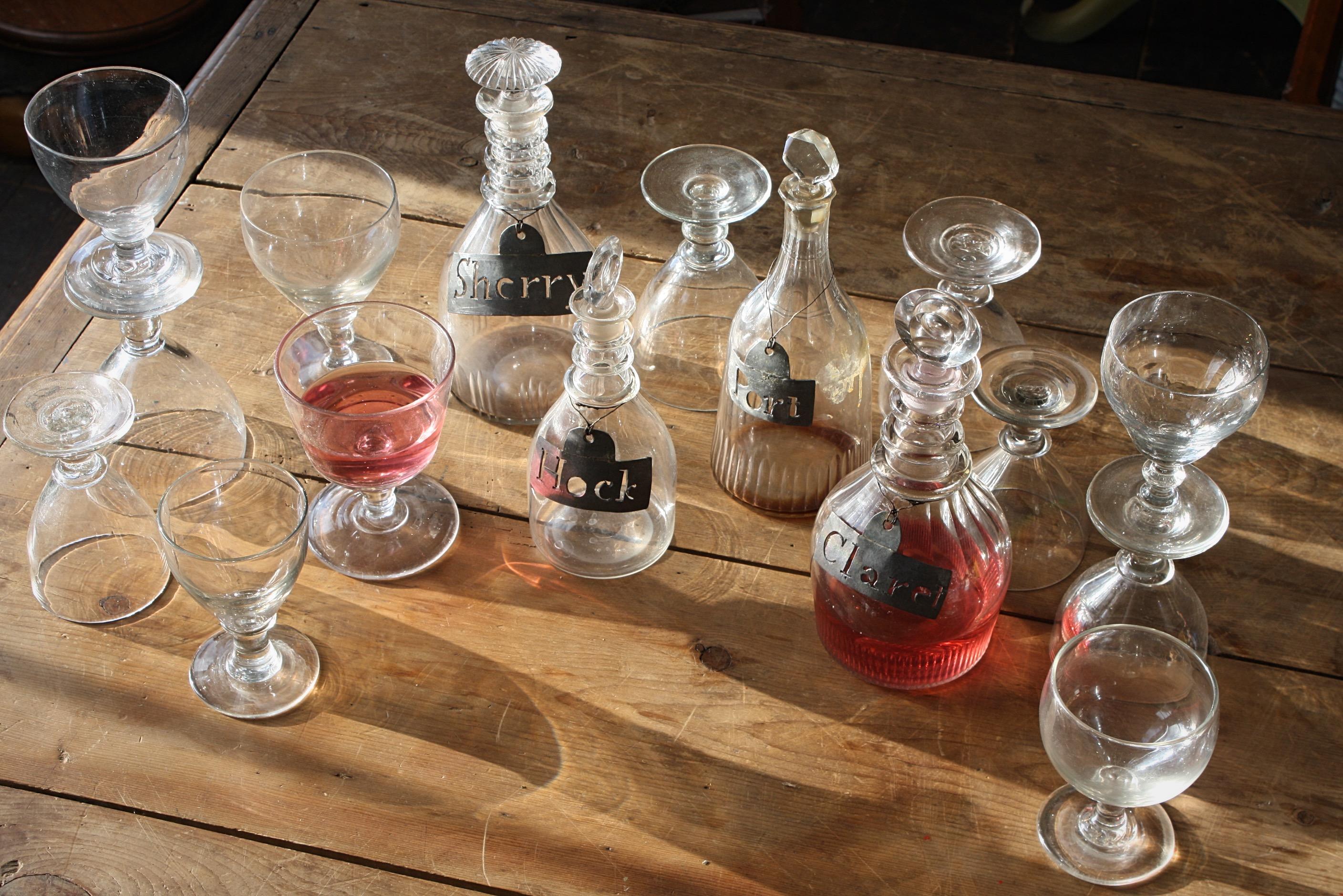 English 19th Century Collection of Georgian Rummers & Labeled Cut Glass Decanters  For Sale