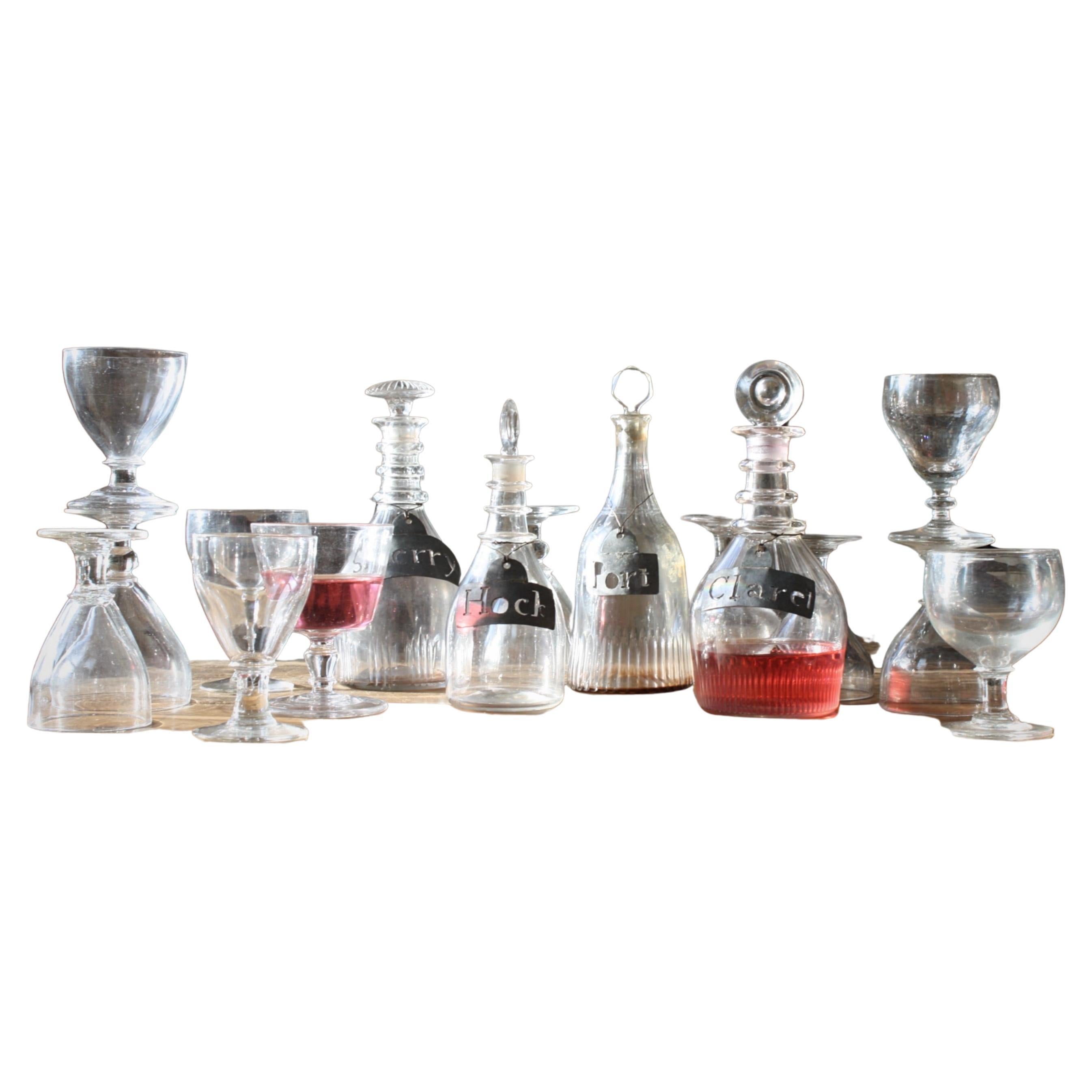 19th Century Collection of Georgian Rummers & Labeled Cut Glass Decanters 