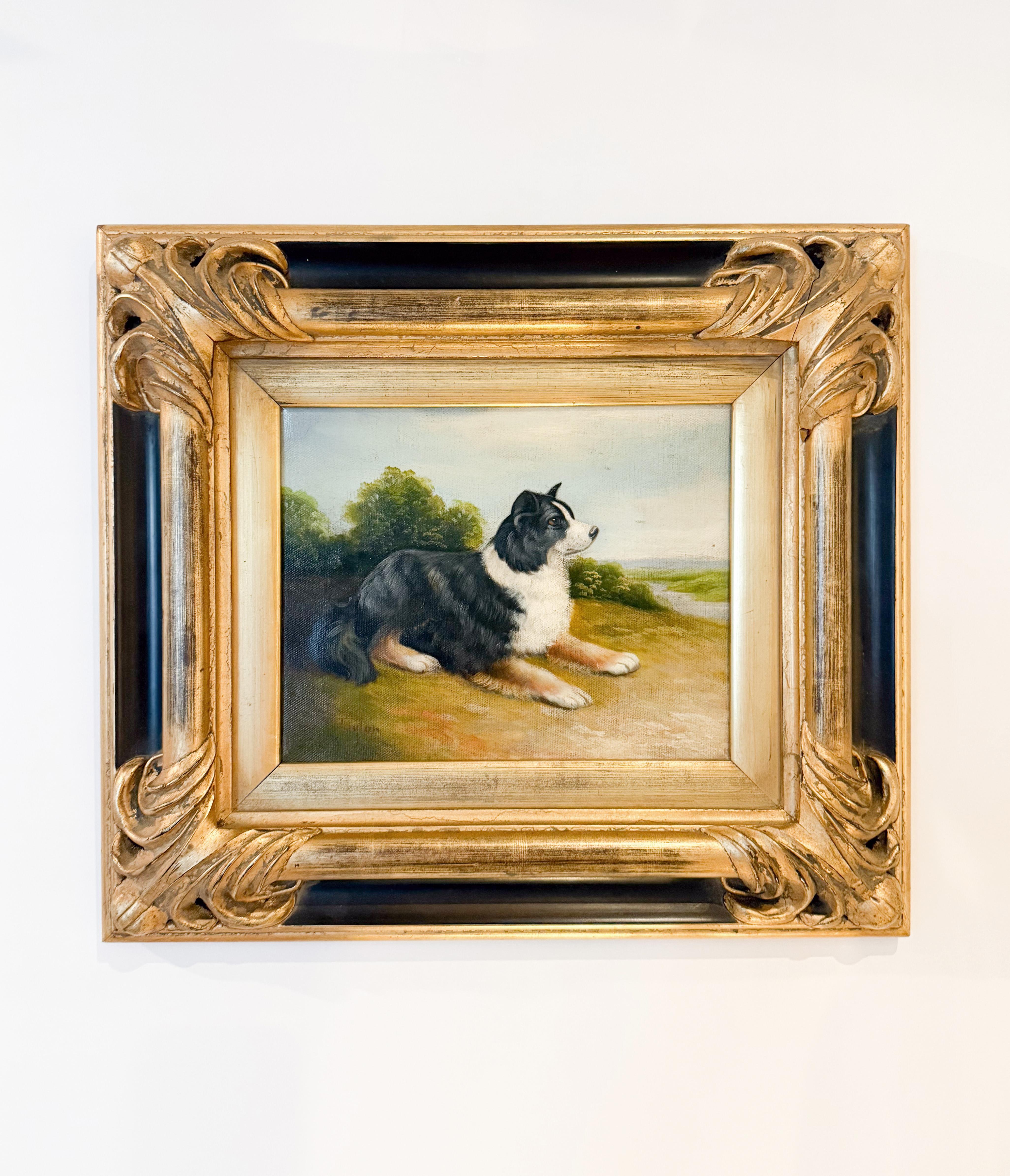 Dieses klassische Ölgemälde aus dem 19. Jahrhundert zeigt einen Collie-Hund in satten Farben und Strukturen vor einer ruhigen Landschaft und einem weiten Himmel. In der linken unteren Ecke befindet sich die Signatur des Künstlers, die von Taylor