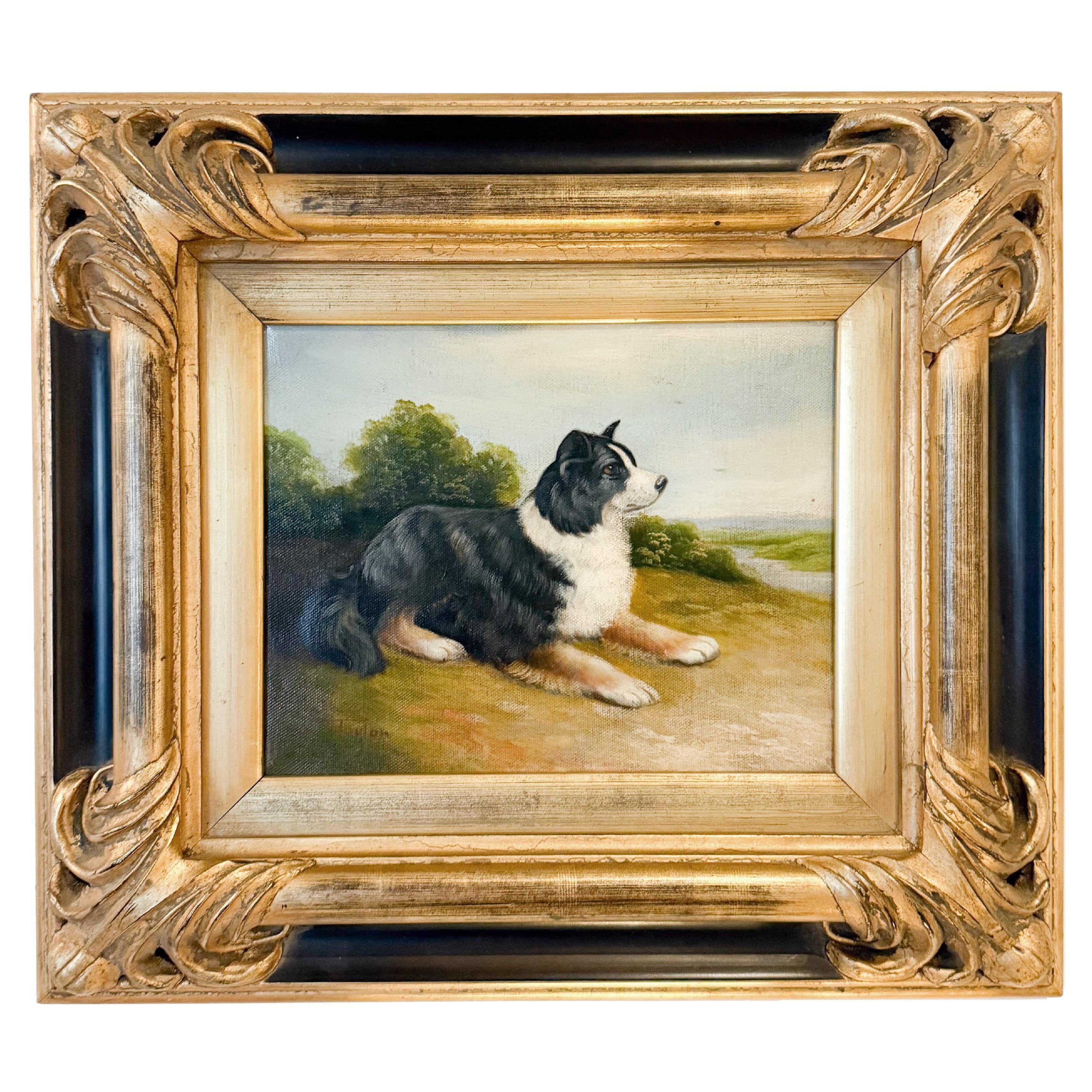 19. Jahrhundert Collie Hund Porträt Öl auf Leinwand Gemälde signiert A. Taylor