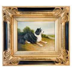 19th Century Collie Dog Portrait Oil on Canvas Painting Signed Taylor