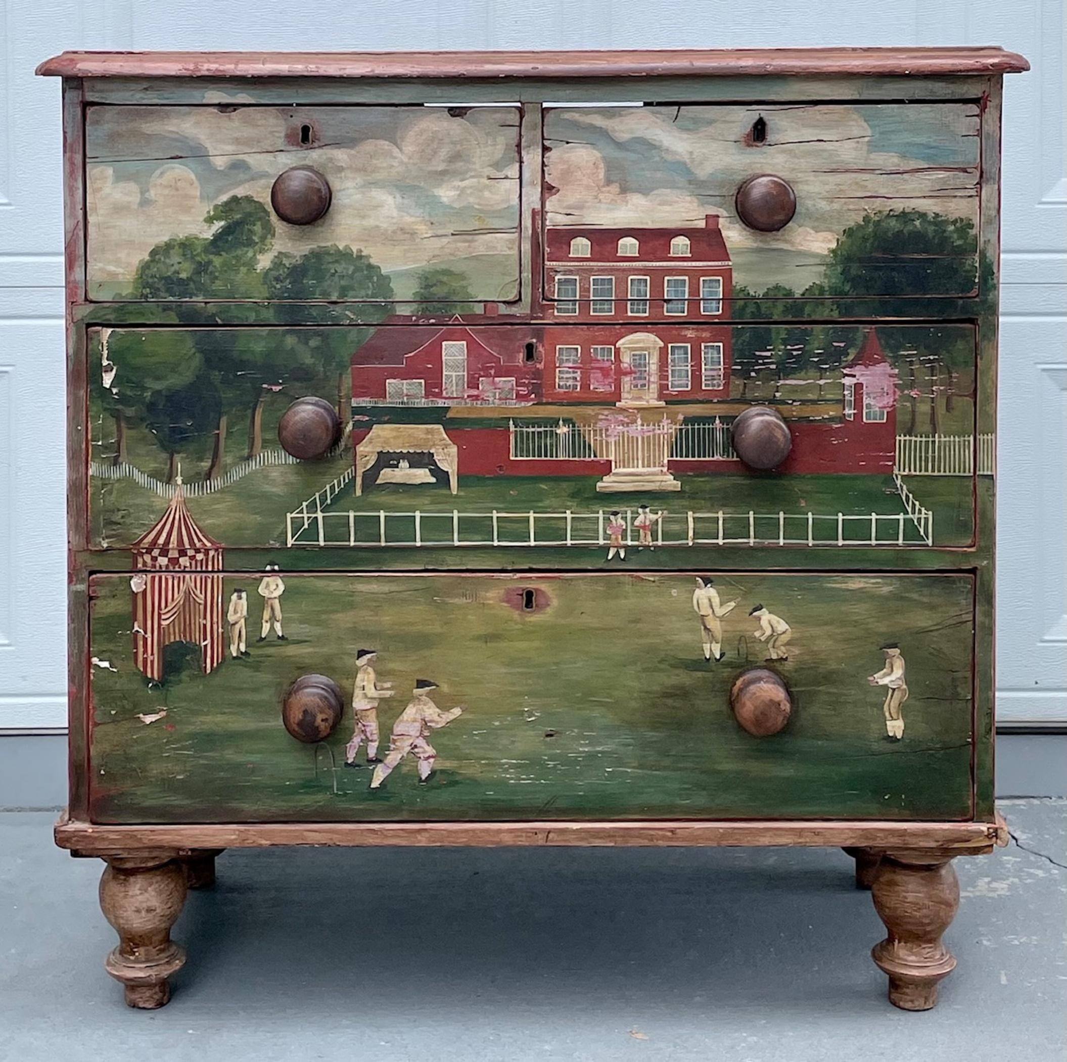 19th century Colonial American chest of drawers, paint decorated Americana

Charming chest of drawers in white pine. The front is decorated with an original Folk Art painting. It is executed with gesso and paint on the wood surface. The painting,