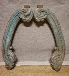 19th Century Colonial Hand Carved Elephant Trunk Shape Corbels Turquoise Paint
