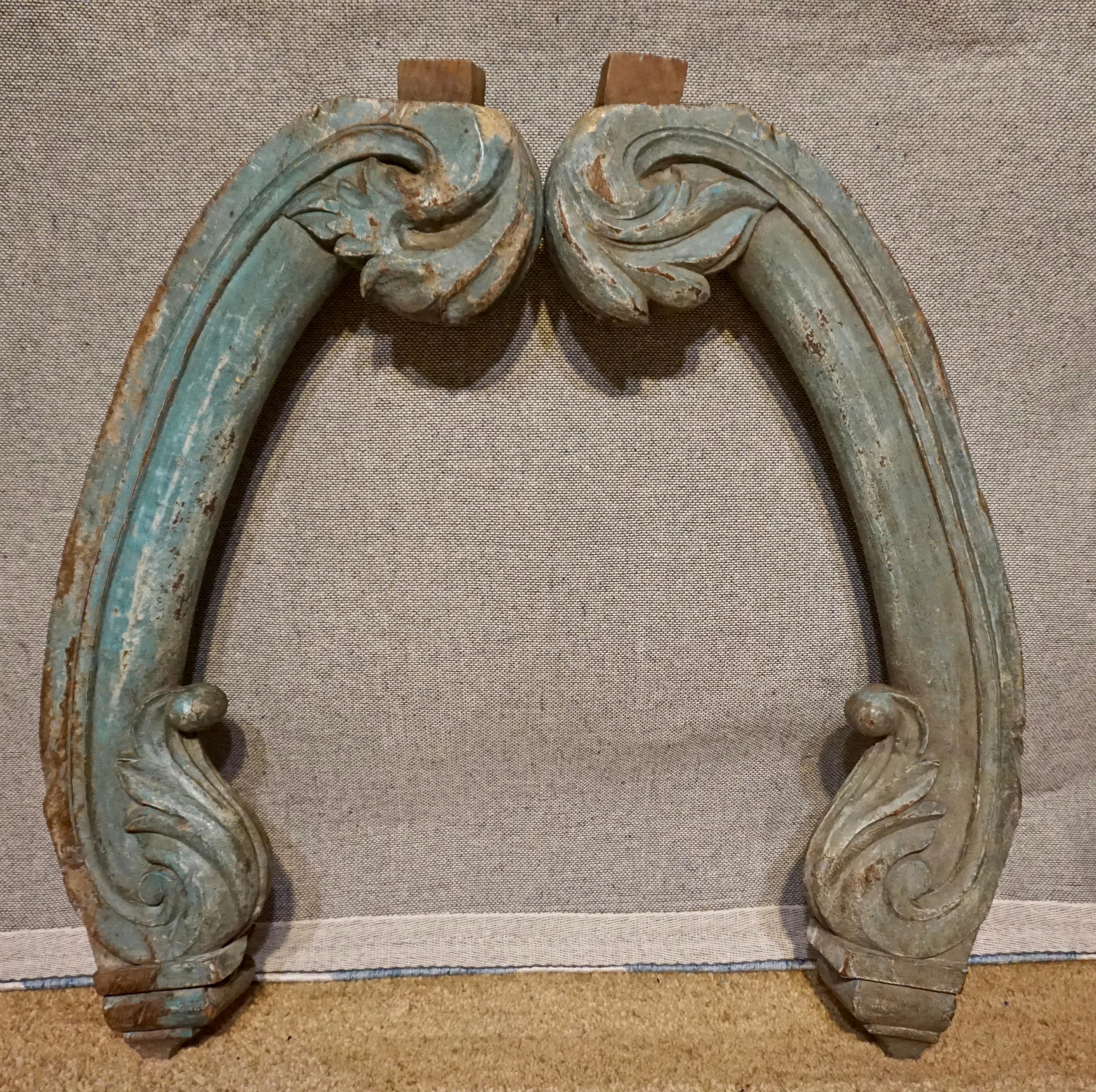 British Colonial 19th Century Colonial Hand Carved Elephant Trunk Shape Corbels Turquoise Paint