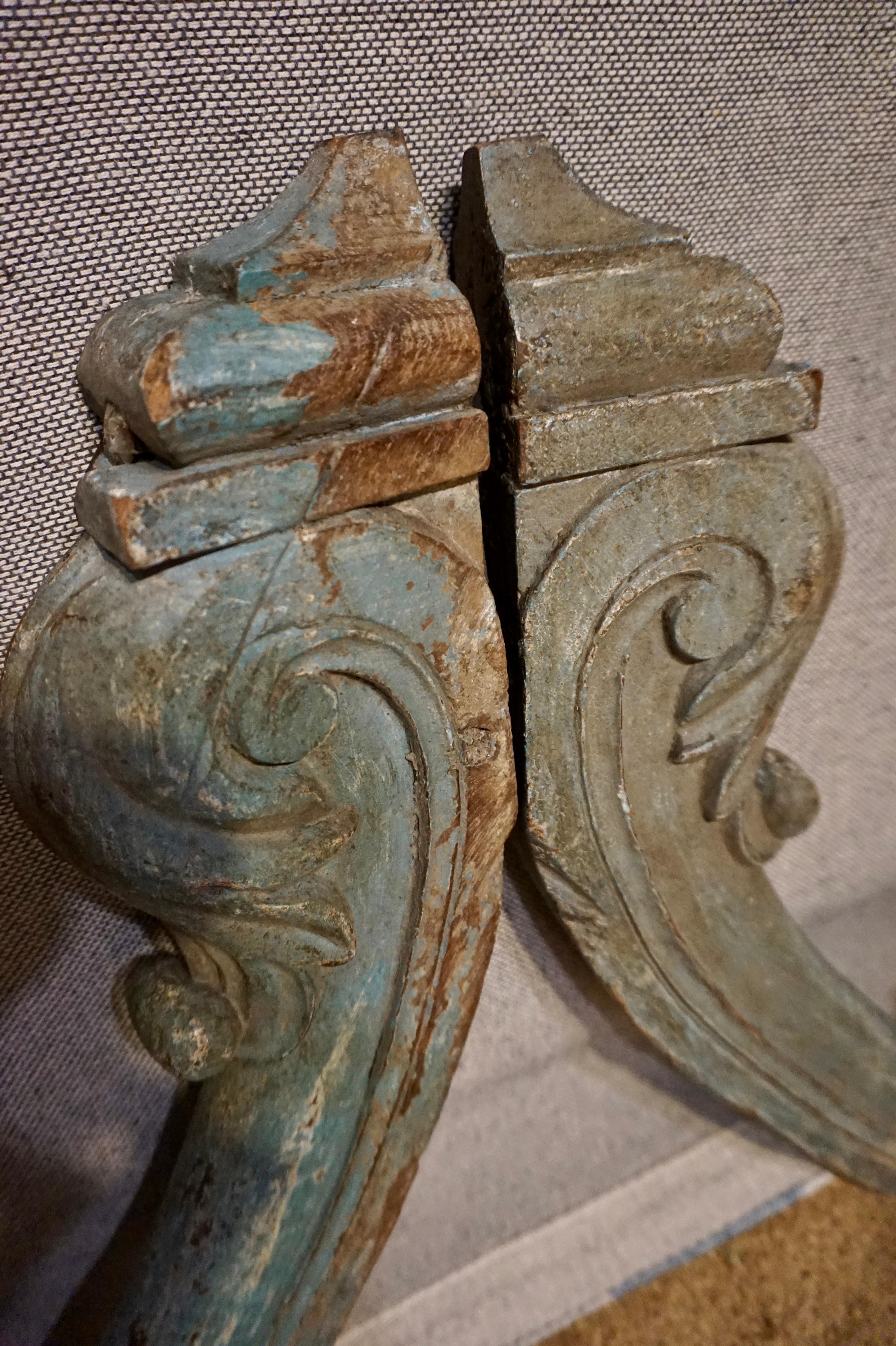 19th Century Colonial Hand Carved Elephant Trunk Shape Corbels Turquoise Paint 1