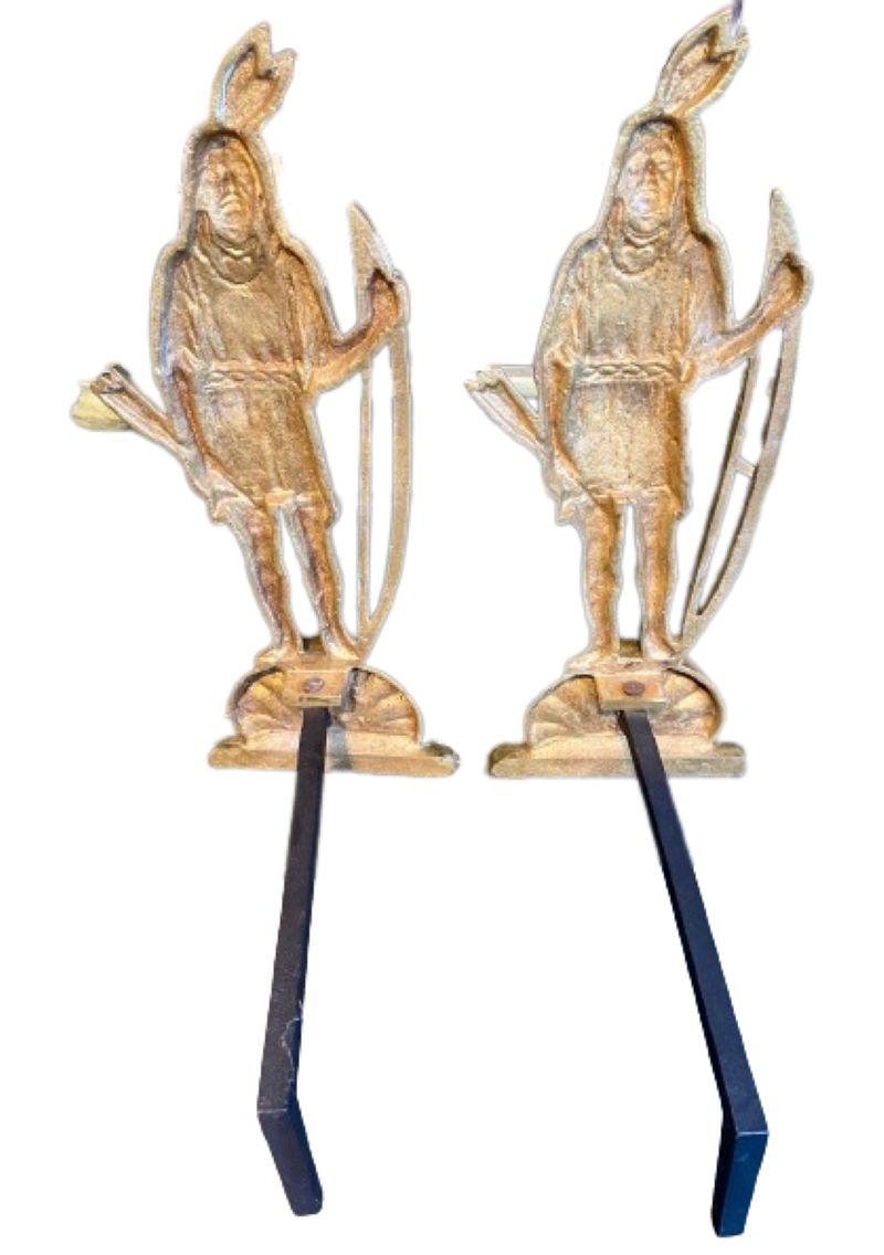 19th Century Colonial Revival Pair of Brass Massachusetts Indian Andirons In Good Condition In Nantucket, MA