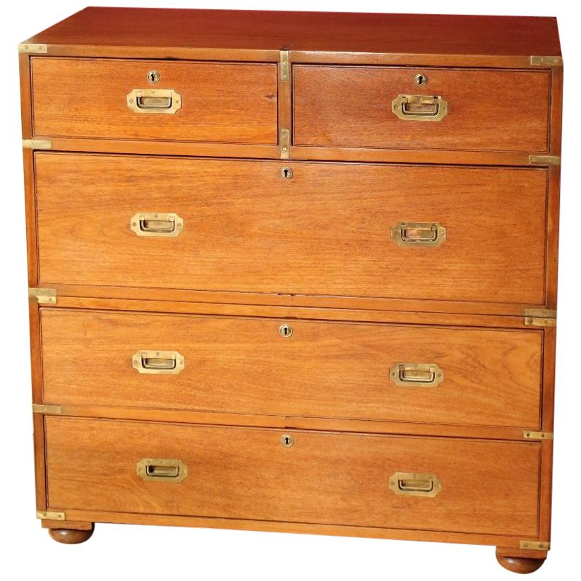19th Century Colonial Teak Wooden Victorian Campaign Chest of Drawers
