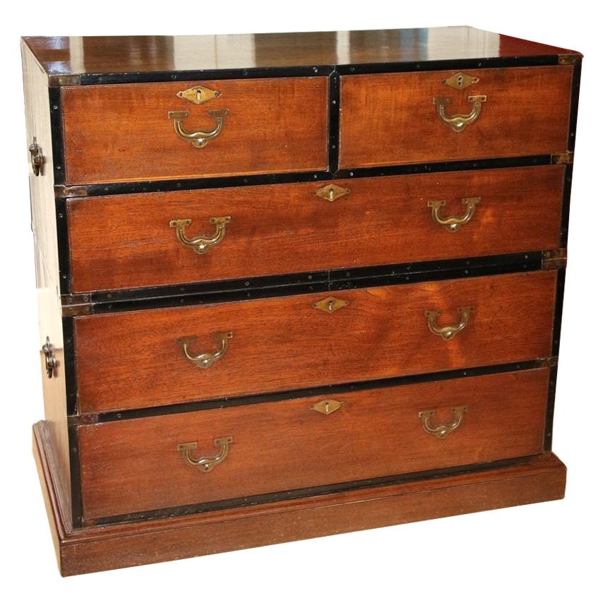19th Century Colonial Teak Wooden Victorian Campaign Chest of Drawers