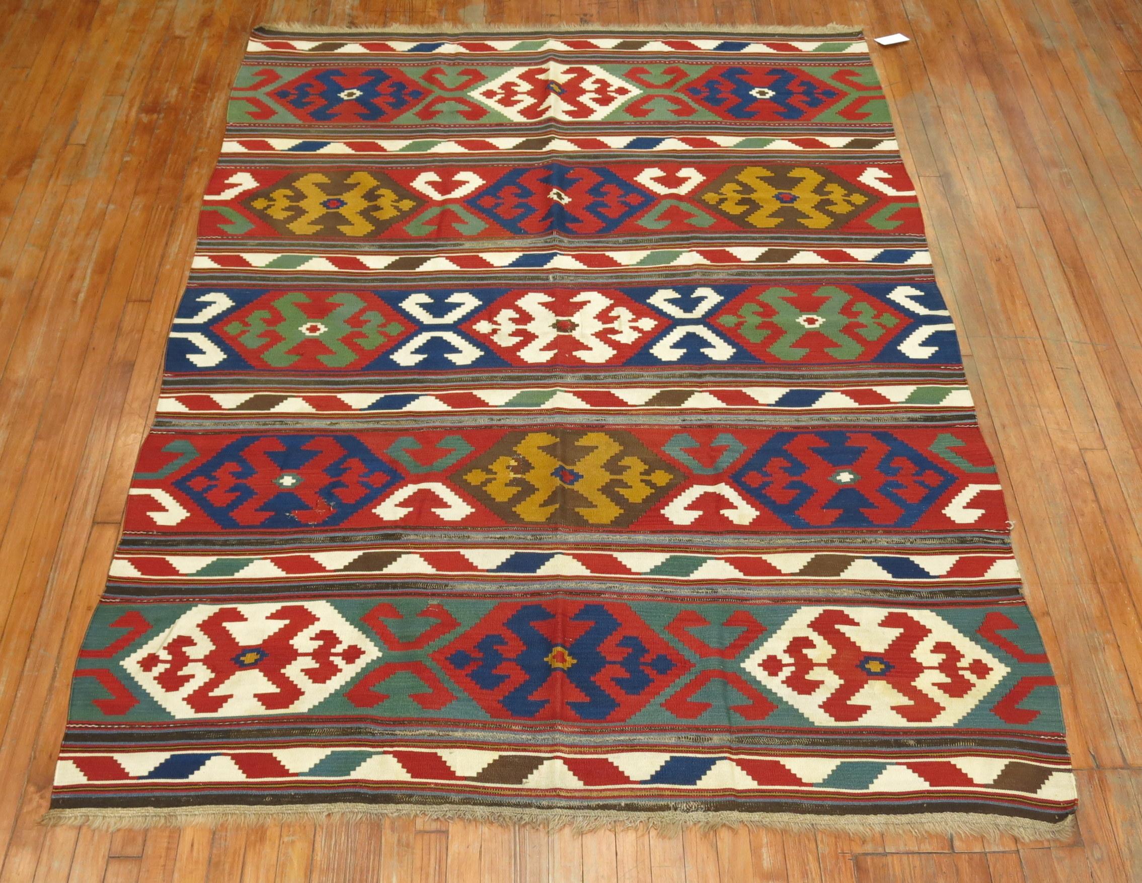 Wool 19th Century Colorful Antique Caucasian Kilim