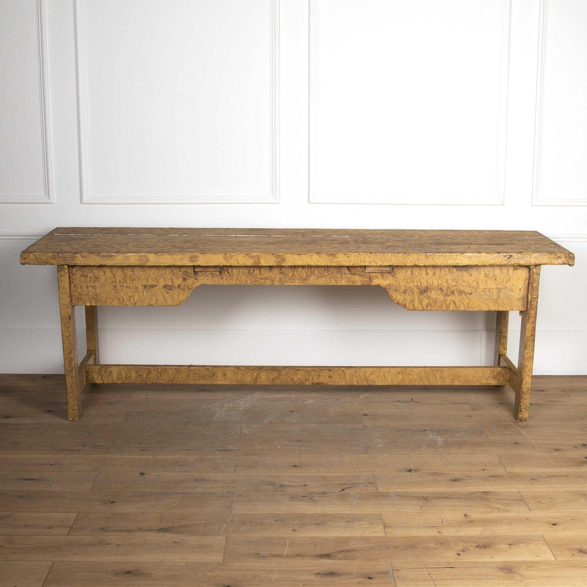 Beautiful 19th century table on square legs with its original paintwork.
Features carved-out side stretchers that are in a sound condition and support the table as a whole, wonderfully. 
This table will make for both a great console and dining