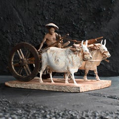 19th Century Company school terracotta oxen and cart museum figure