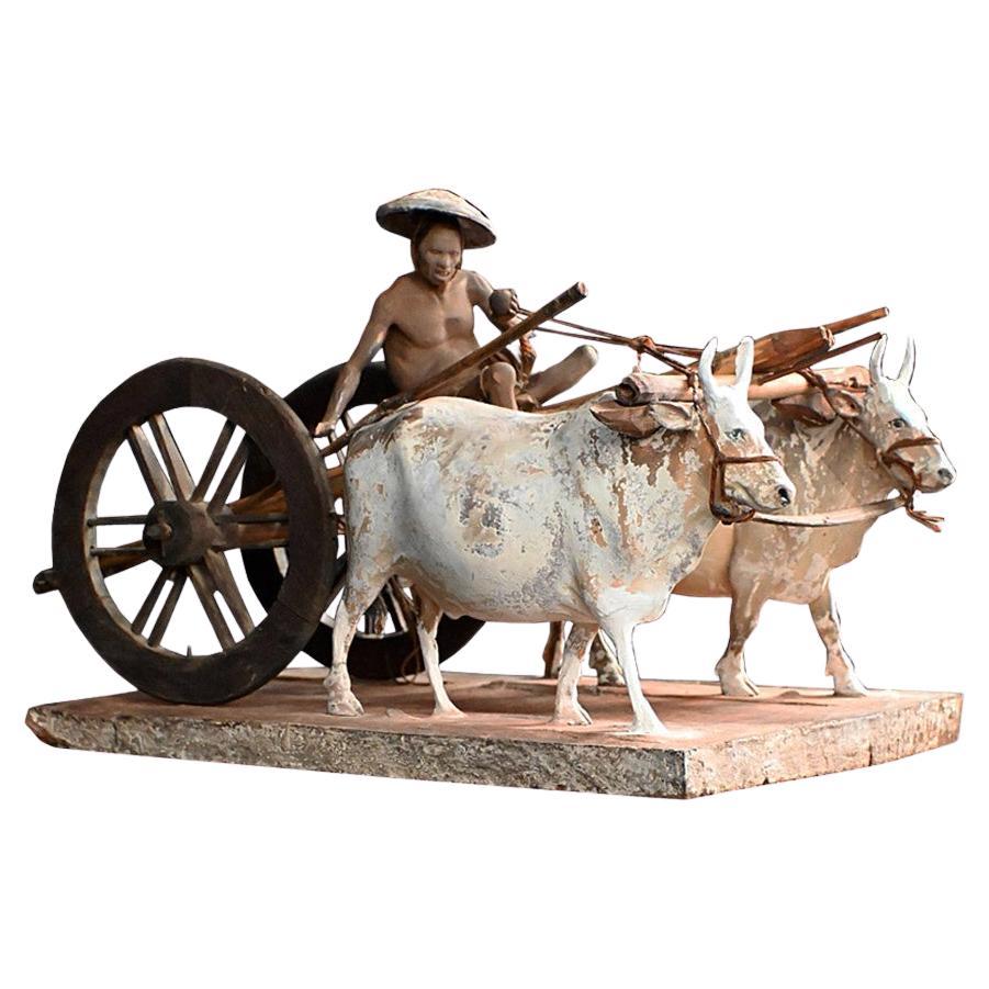 Figurine de musée en terre cuite avec bœuf et charrette de l'école de la Compagnie du 19e siècle en vente