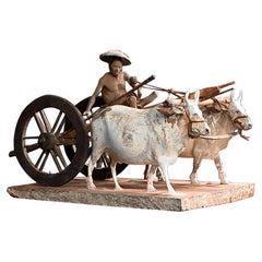 19th Century Company school terracotta oxen and cart museum figure
