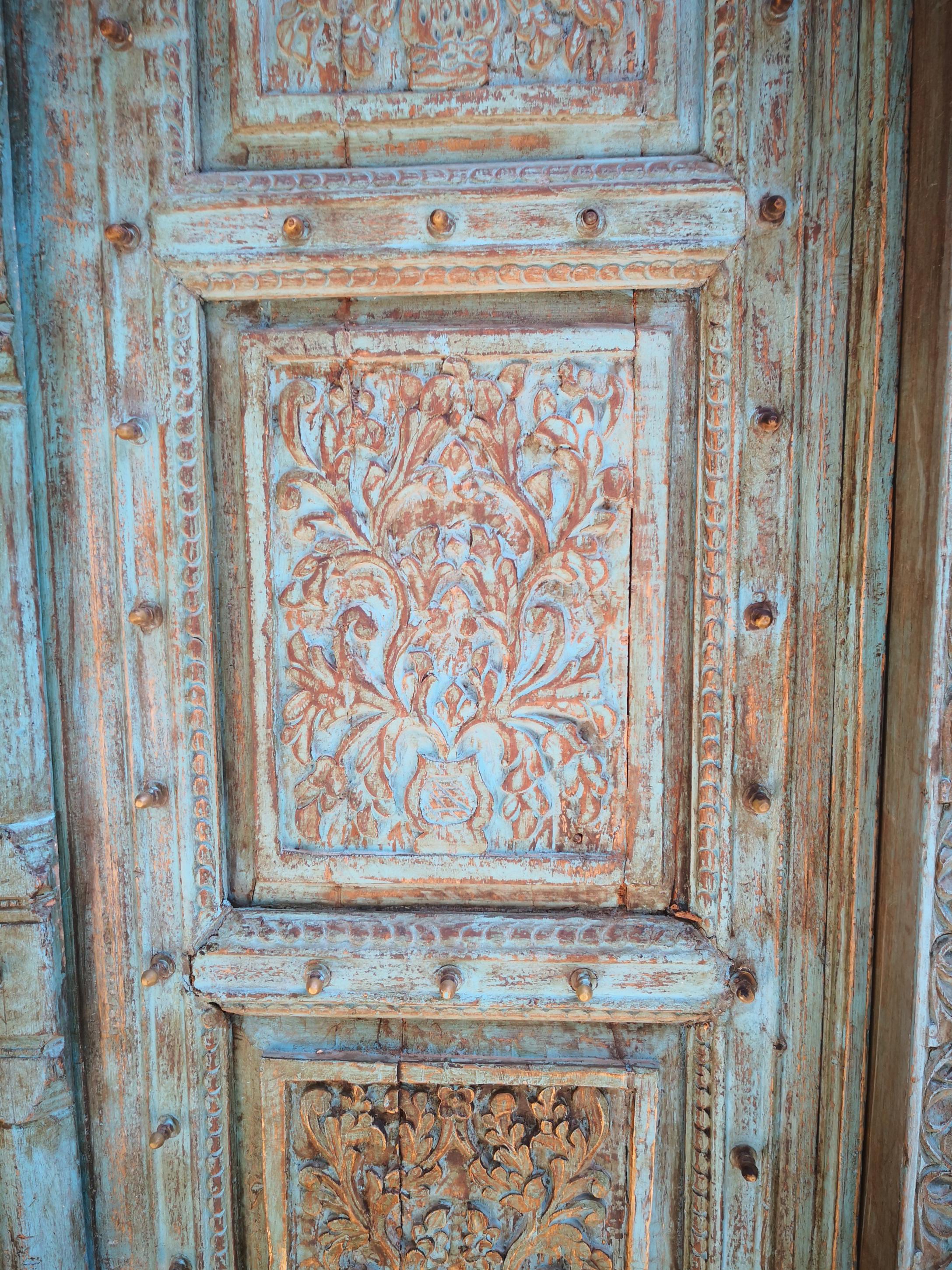 Teak 19th Century Complete Indian Wooden Main Door with Original Polychrome