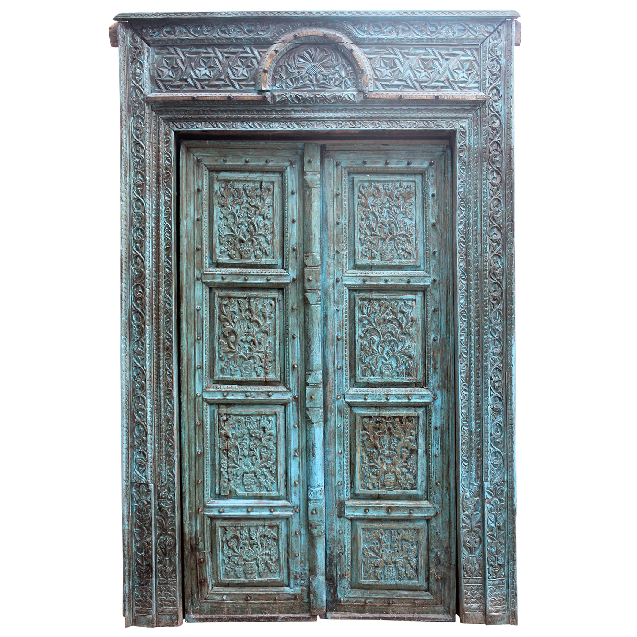 19th Century Complete Indian Wooden Main Door with Original Polychrome