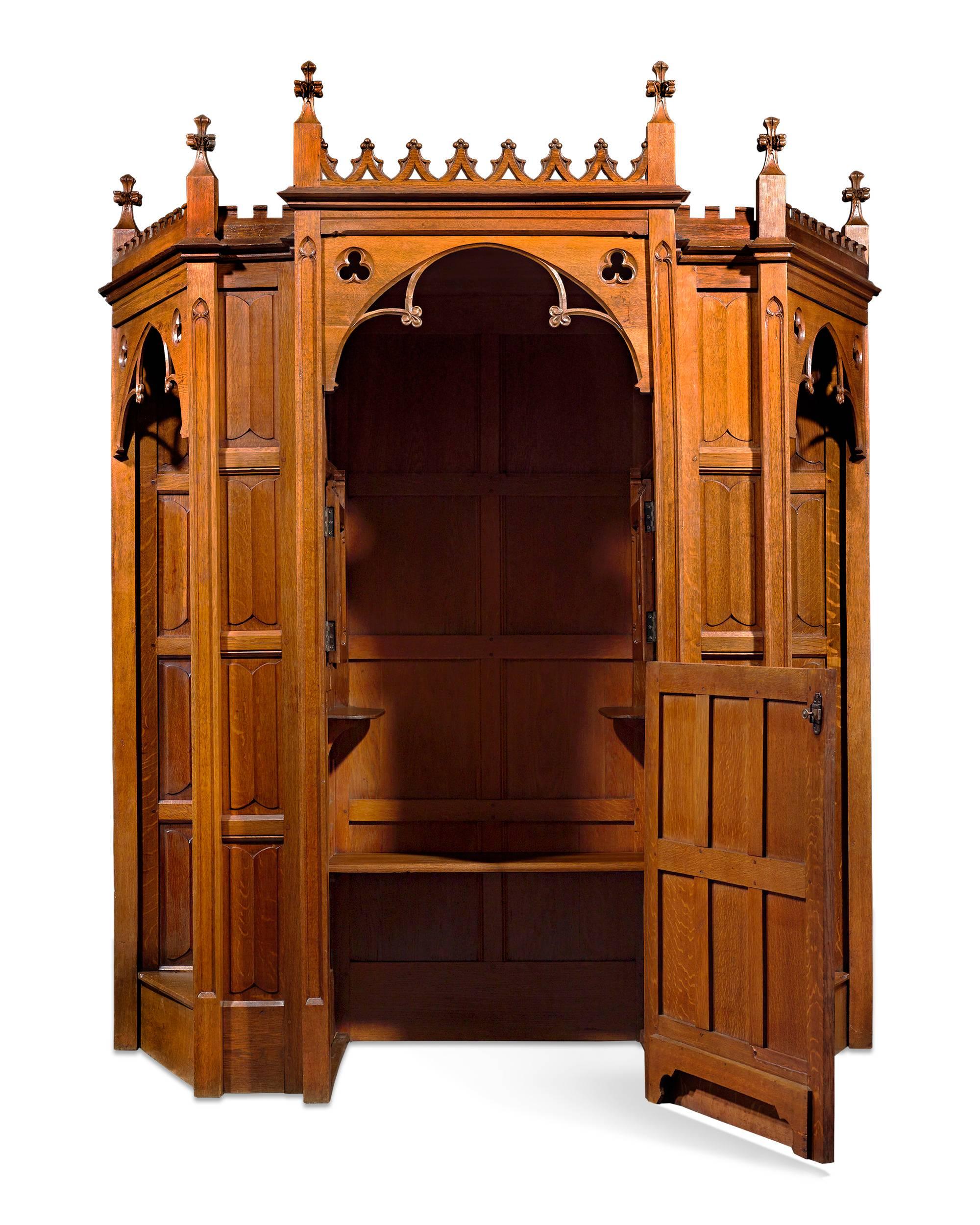 The confessional, which in its modern form dates to the mid-16th century, is typically a removable piece of furniture that is used by priests to hear the confessions of penitents. The typically wooden structure is essentially divided in half: one