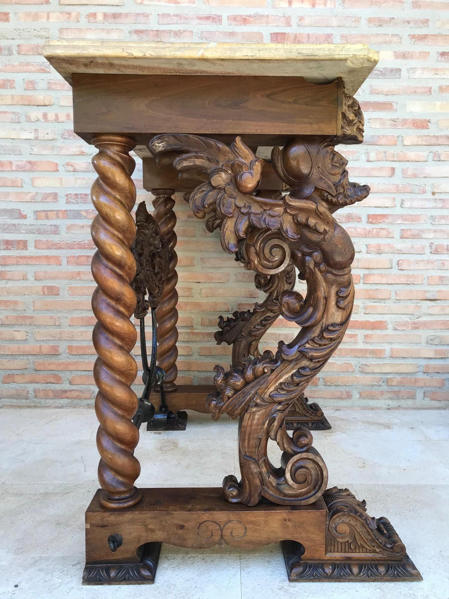 Spanish 19th Century Console Carved Table Renaissance with Beige Marble Top For Sale
