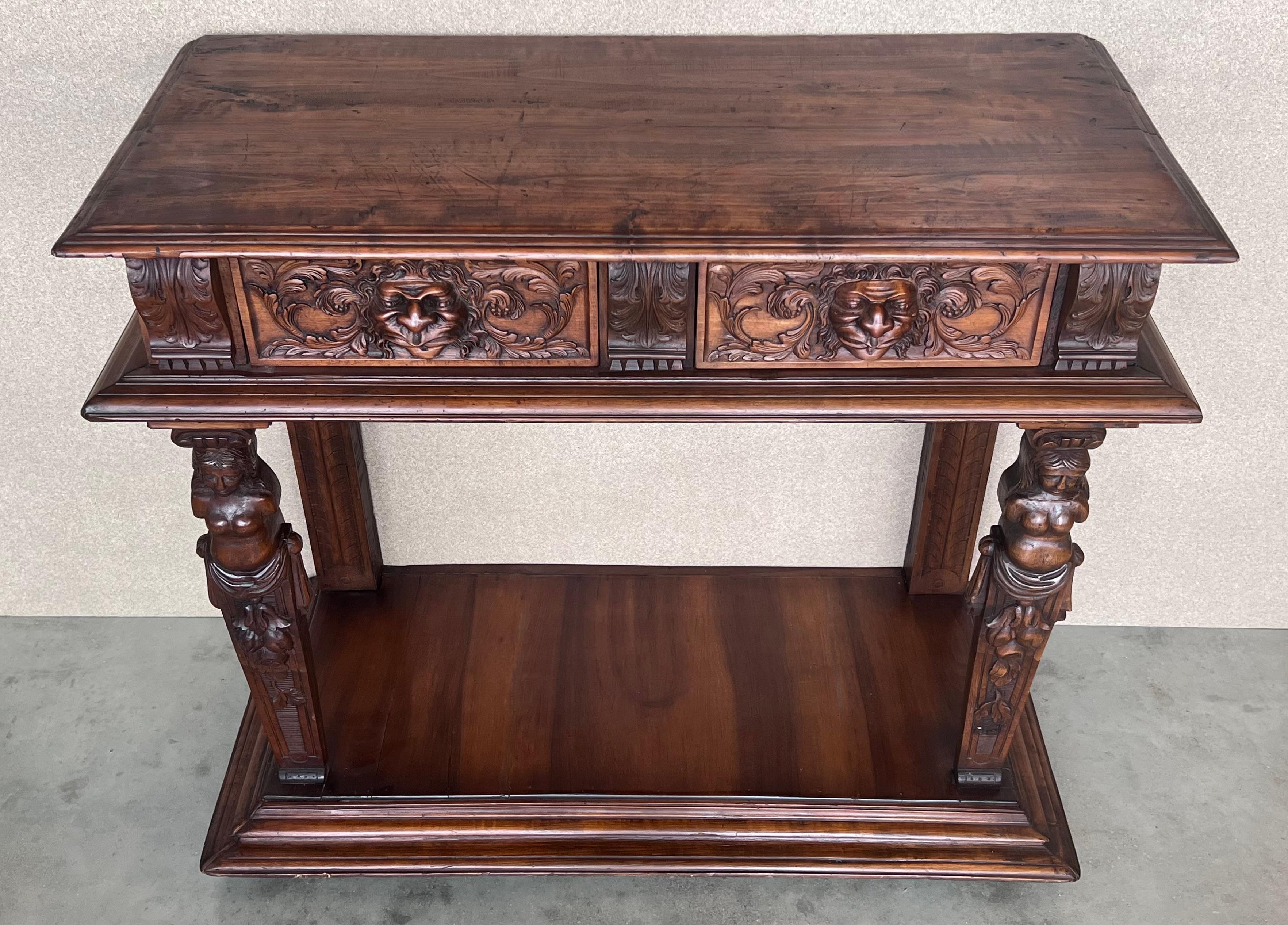 Walnut 19th Century Console Carved Table Renaissance with Beige Marble Top For Sale