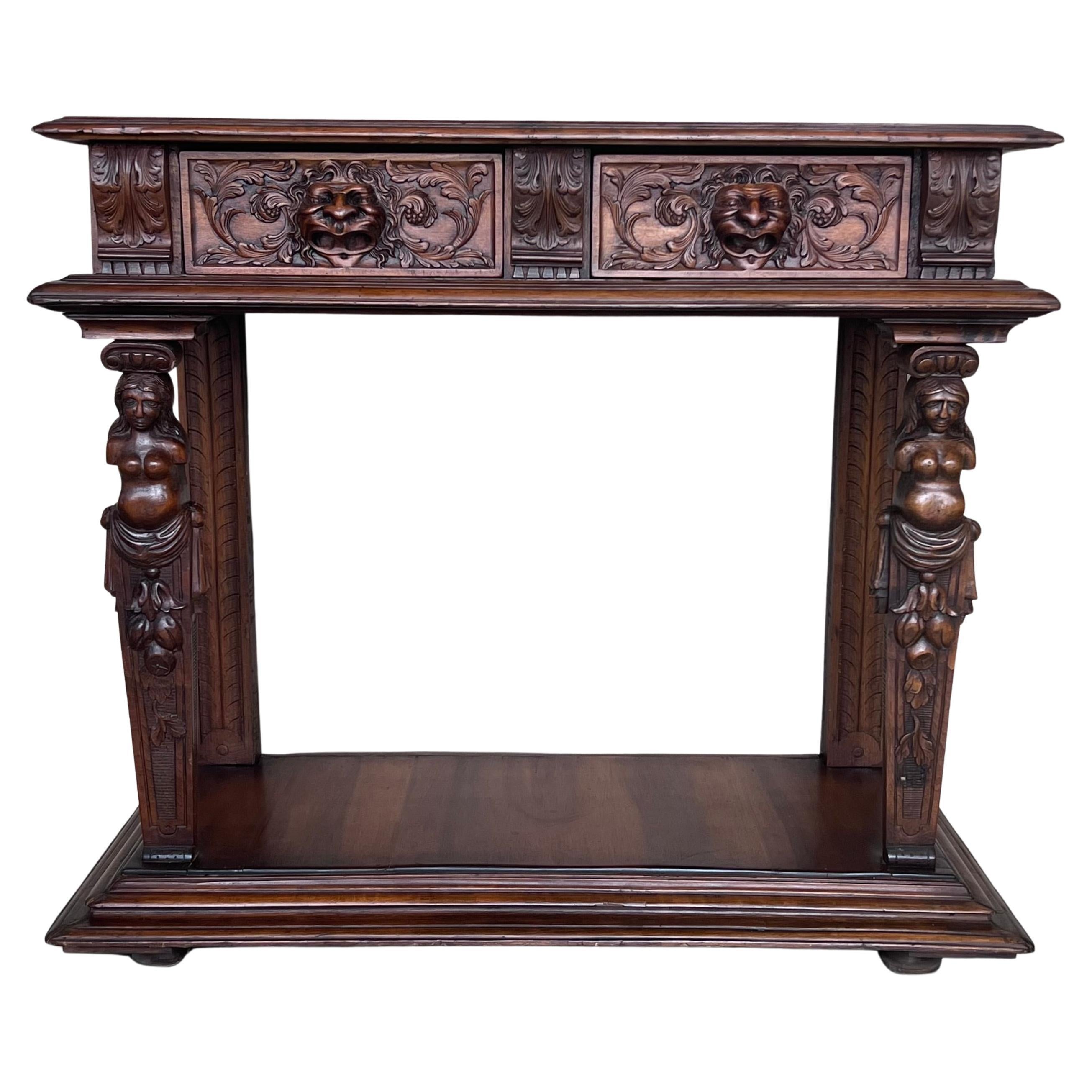 19th Century Console Carved Table Renaissance with Beige Marble Top