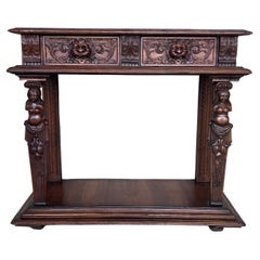 19th Century Console Carved Table Renaissance with Beige Marble Top