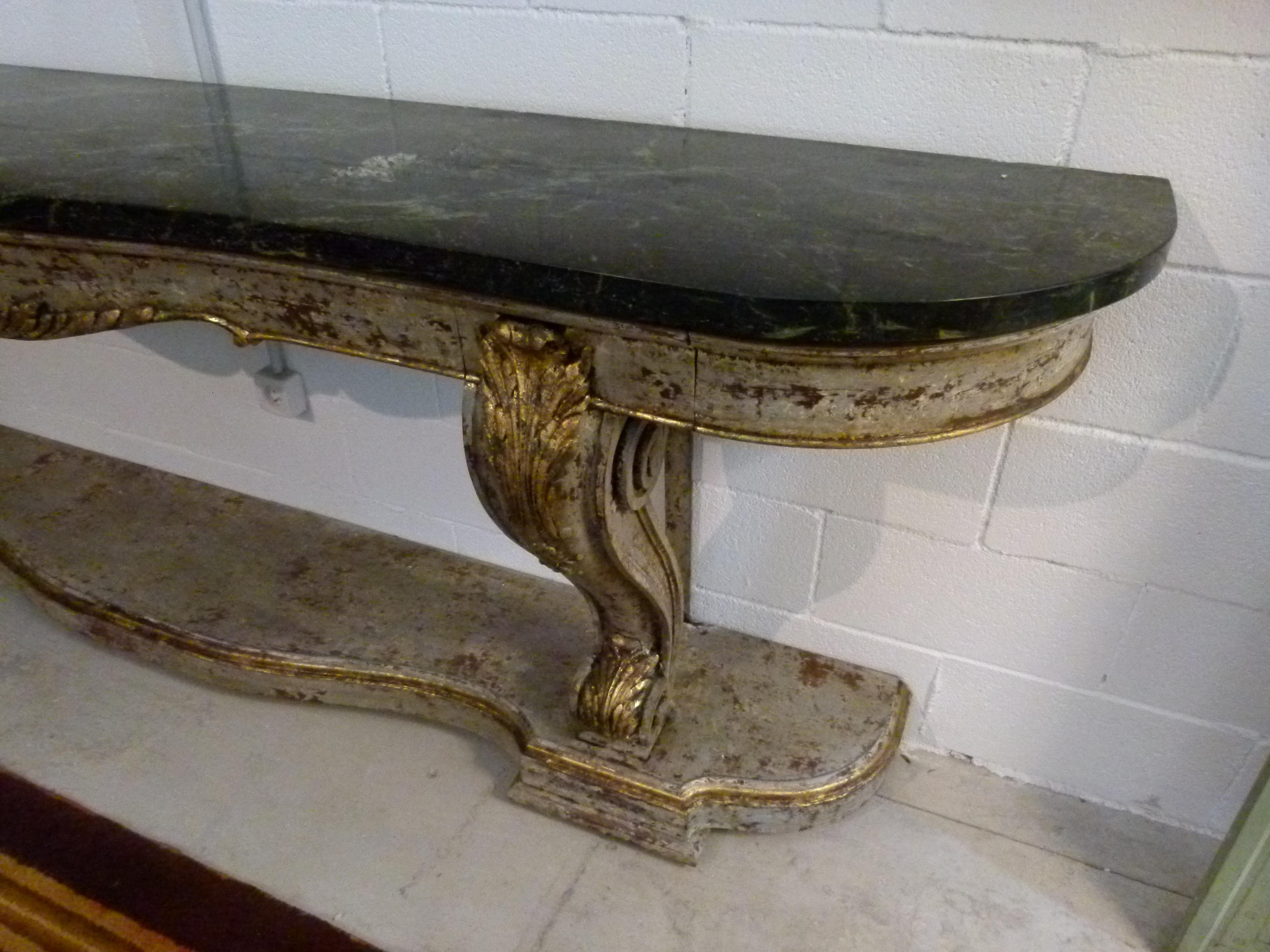 Hand-Carved 19th Century Console Table, Green Marble Top and Wood