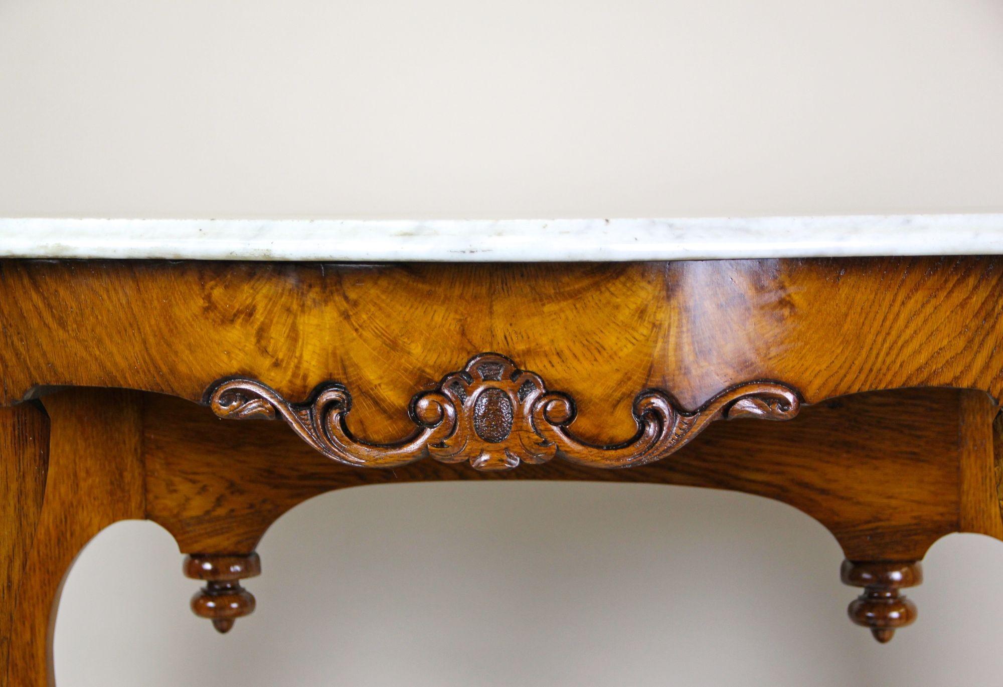 Hand-Carved 19th Century Console Table with Carrara Marble Top, Louis Philippe, FR c1850 For Sale