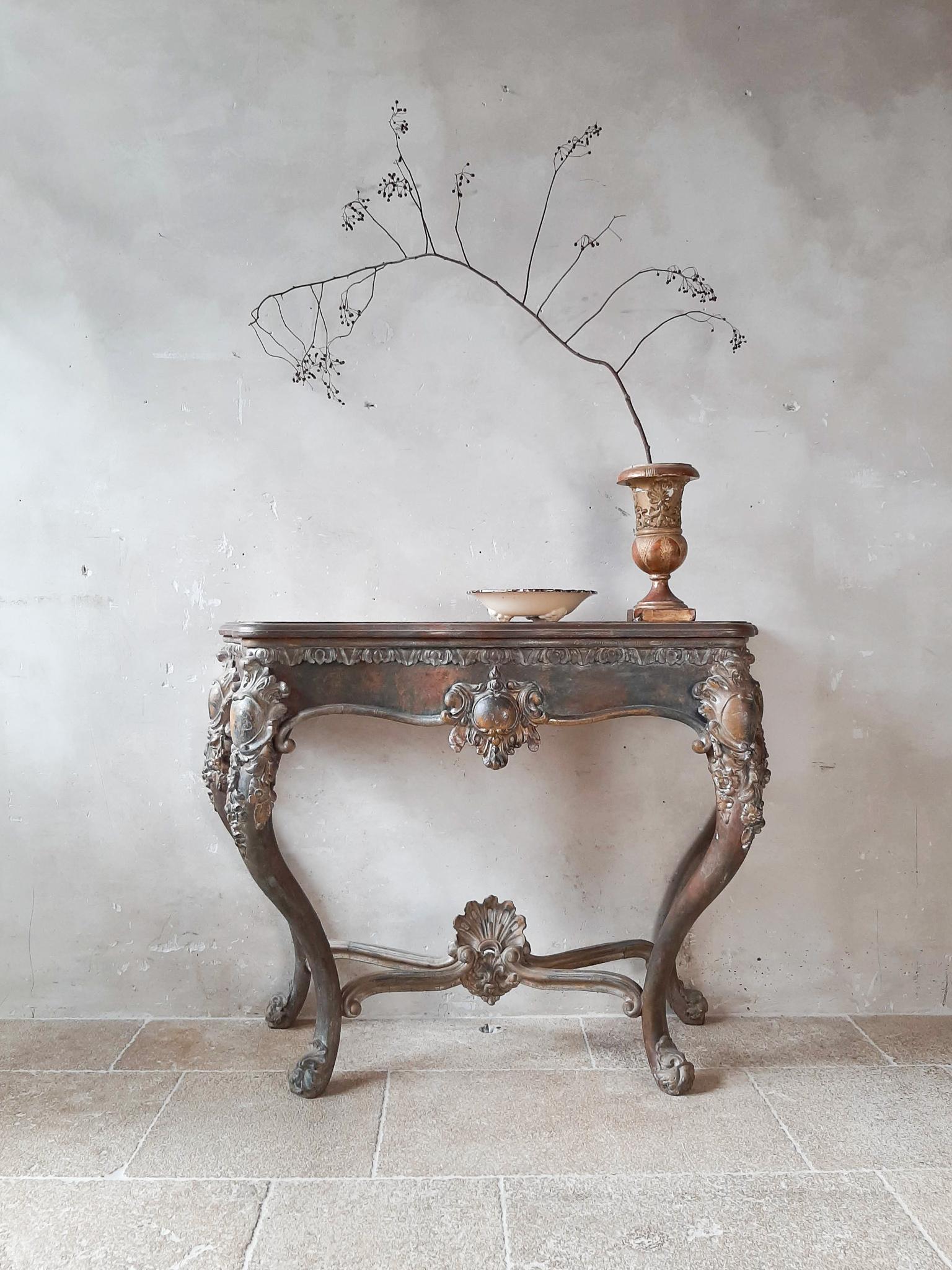 19th Century Console Table with Special Patina in Gold, Cognac and Petrol Tones For Sale 7