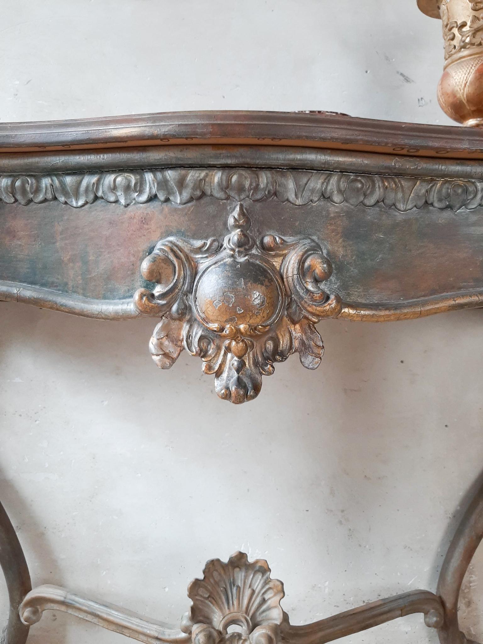 Neoclassical 19th Century Console Table with Special Patina in Gold, Cognac and Petrol Tones For Sale