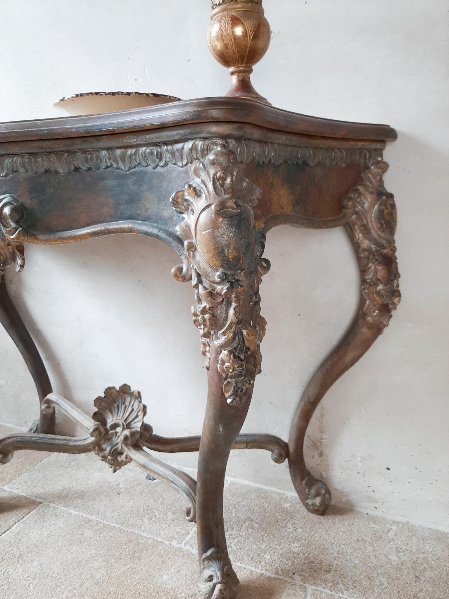 French 19th Century Console Table with Special Patina in Gold, Cognac and Petrol Tones For Sale