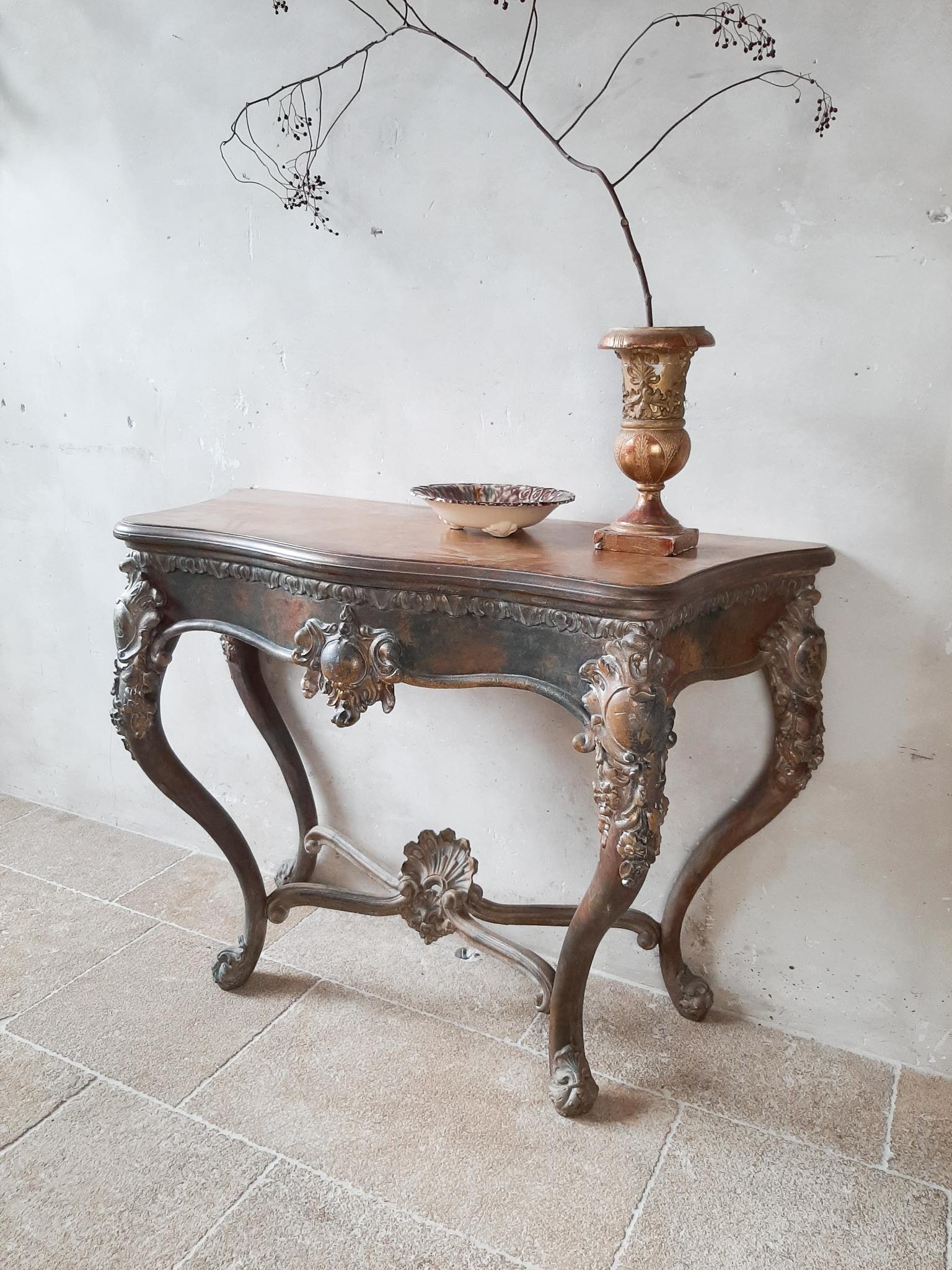 Patinated 19th Century Console Table with Special Patina in Gold, Cognac and Petrol Tones For Sale